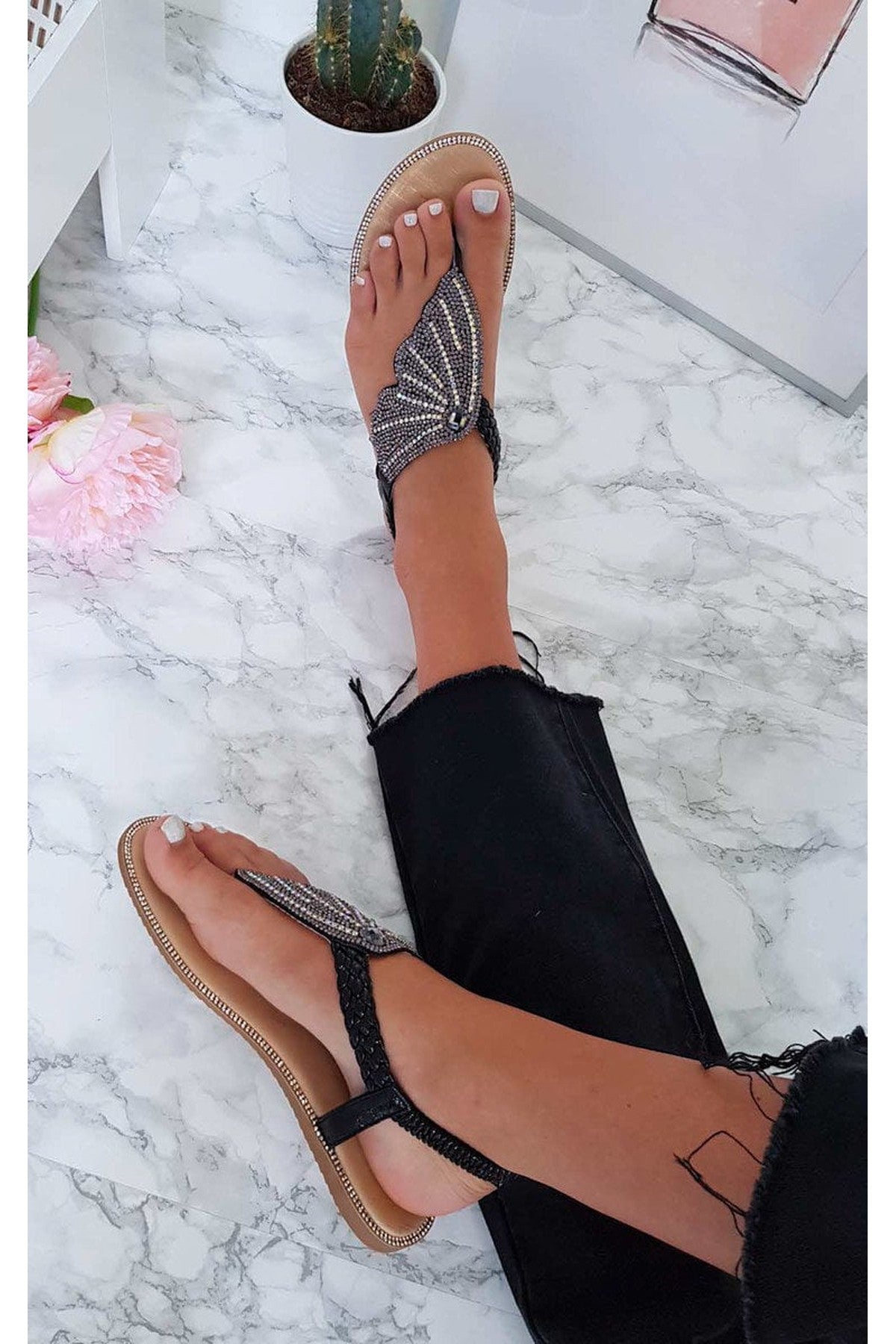 Orlagh Diamante Embellished Sandals - Black
