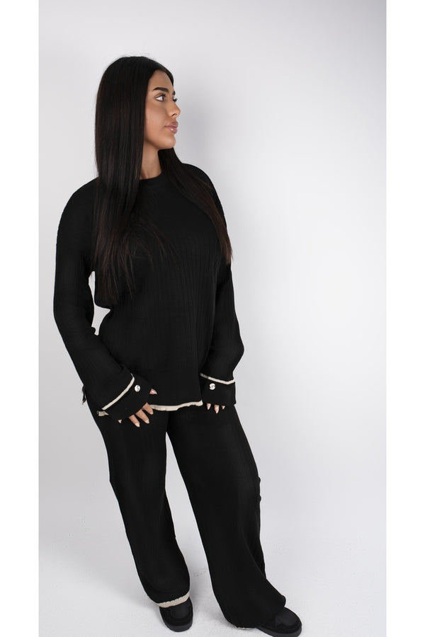 Lara Ribbed Contrast Trim Top And Wide Leg Trouser Co-ord Set - Black