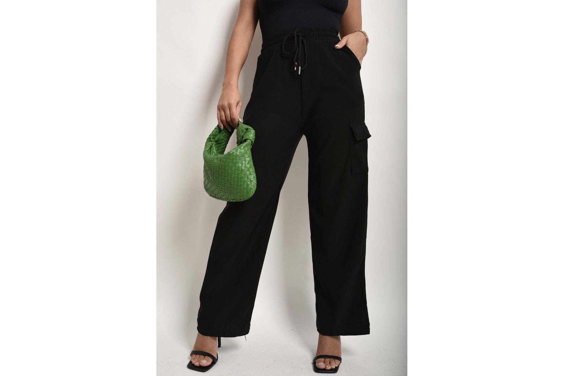 Faye Wide Leg Drawstring Waist Flap Pocket Trouser - Black