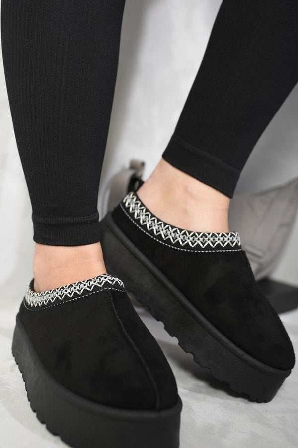 Jolene Aztec Detail Low Ankle Platform Slipper Boots - Black