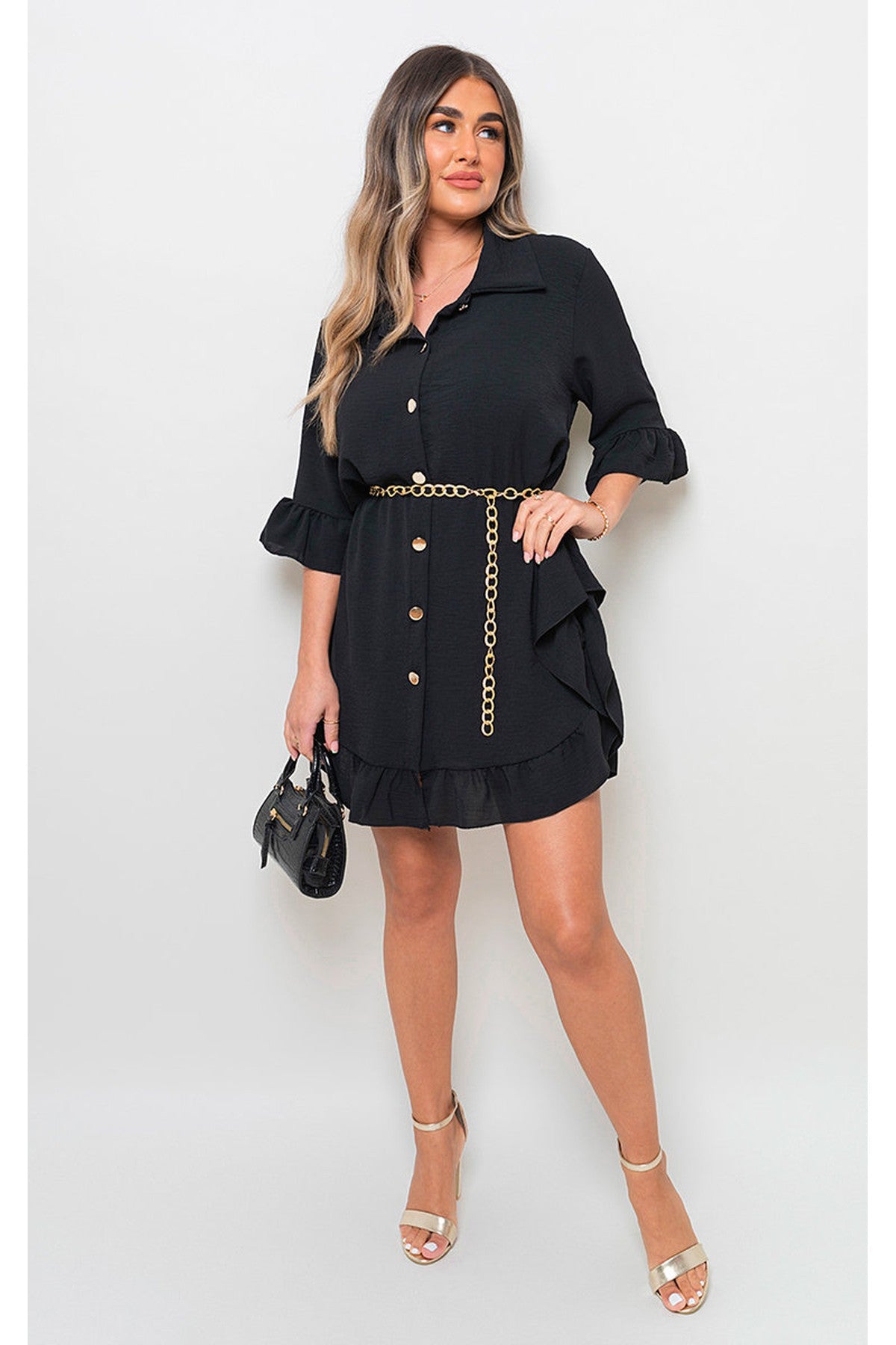 Amina Gold Button Pleated Frill Summer Top - Black