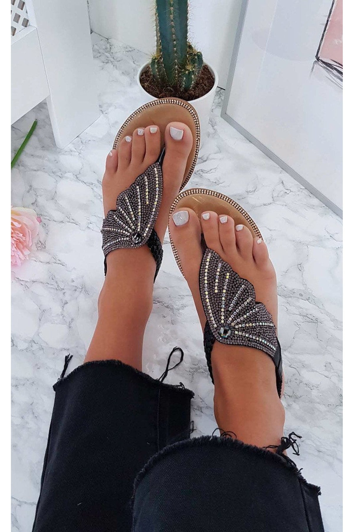 Orlagh Diamante Embellished Sandals - Black