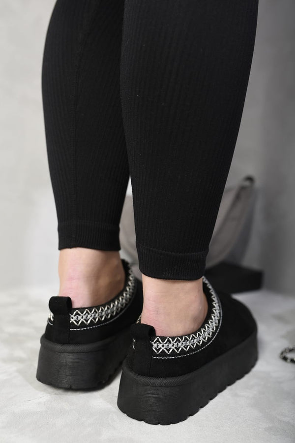 Jolene Aztec Detail Low Ankle Platform Slipper Boots - Black