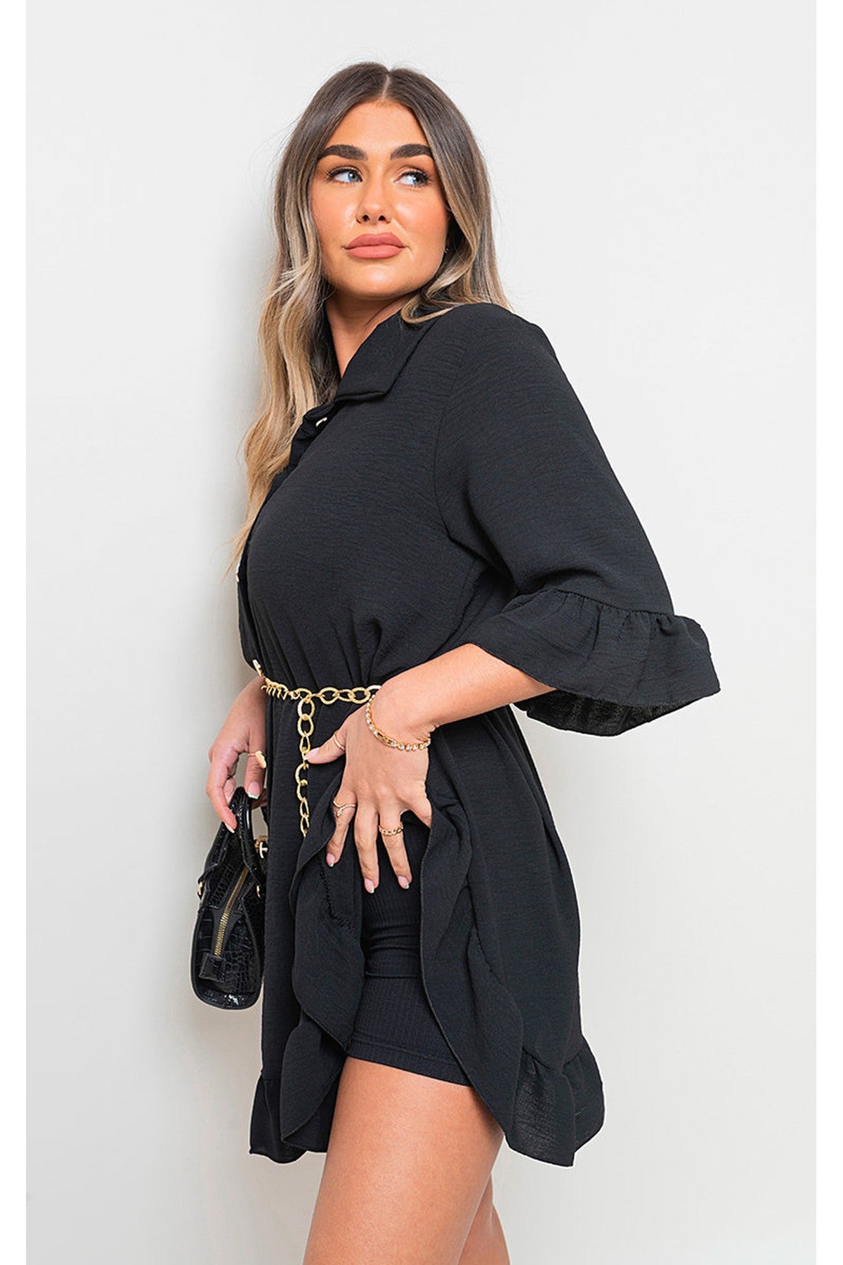 Amina Gold Button Pleated Frill Summer Top - Black