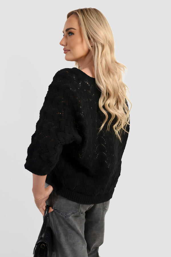 Eliza Half Sleeve Chunky Cable Knit Jumper - Black