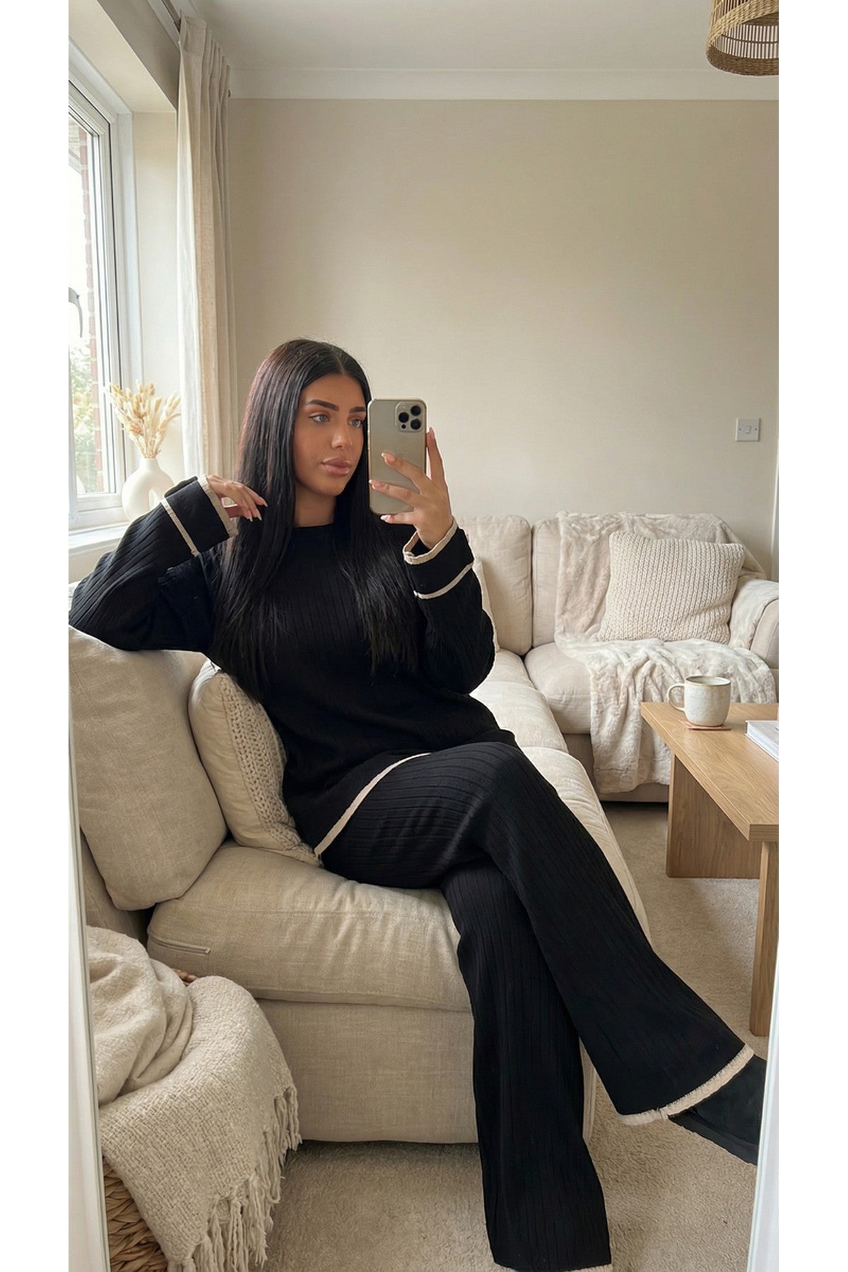 Lara Ribbed Contrast Trim Top And Wide Leg Trouser Co-ord Set - Black