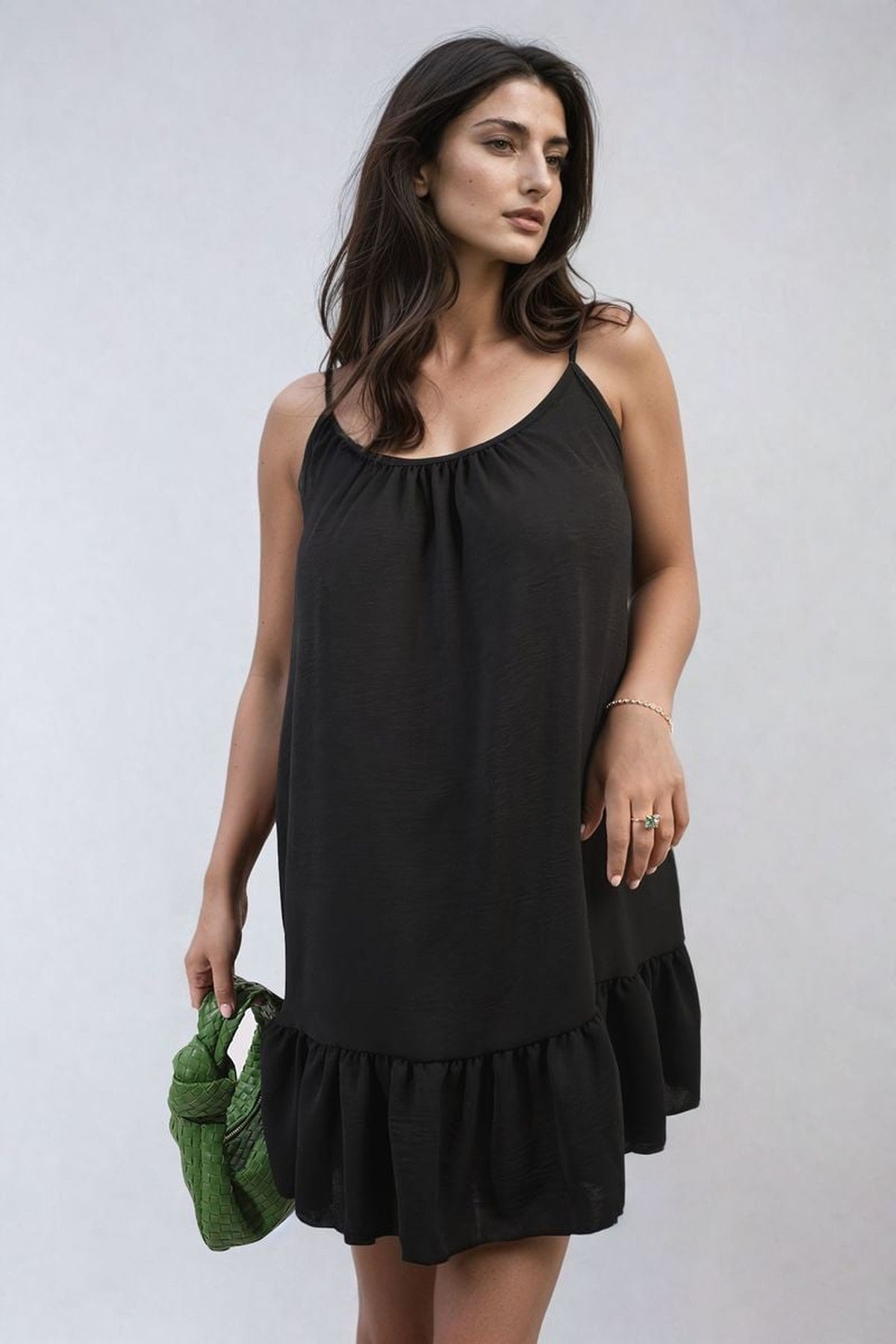 Faye Backless Tie-up Spaghetti Strap Frill Hem Mini Dress - Black