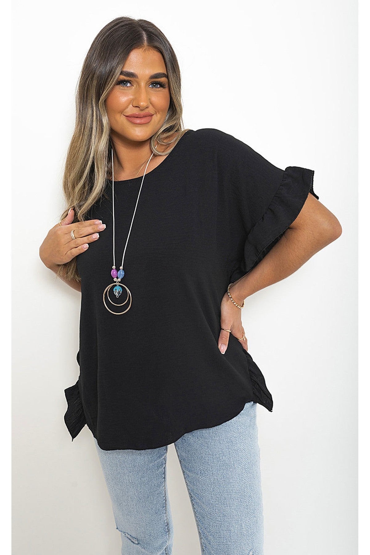 Vienna Frill Sleeve Top With Chain - Black