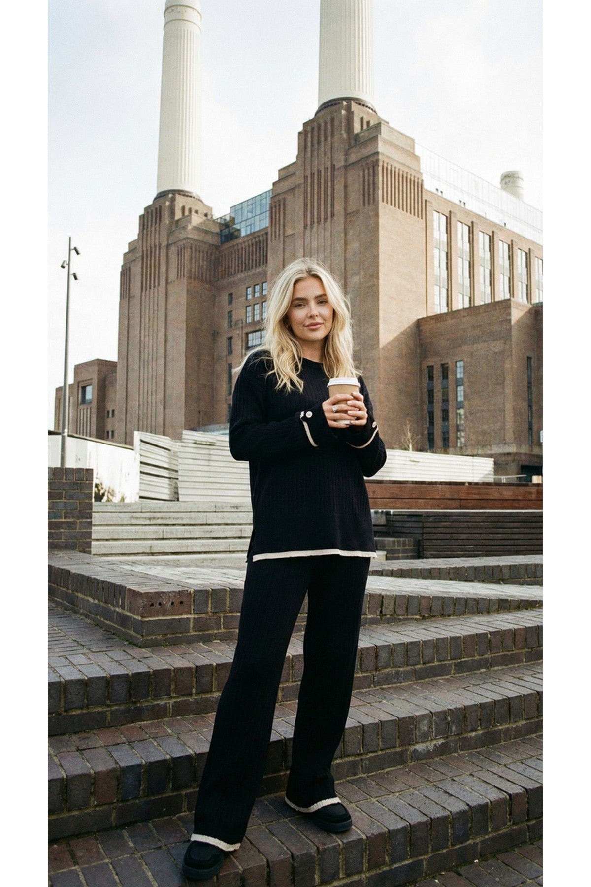 Lara Ribbed Contrast Trim Top And Wide Leg Trouser Co-ord Set - Black