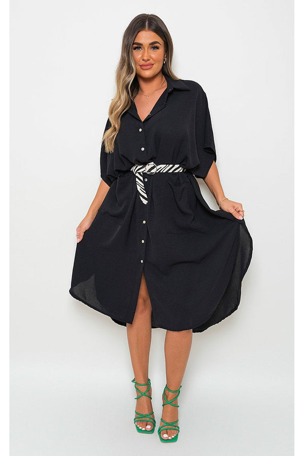 Nancy Button Down Collared Midi Dress With Two Front Pockets - Black