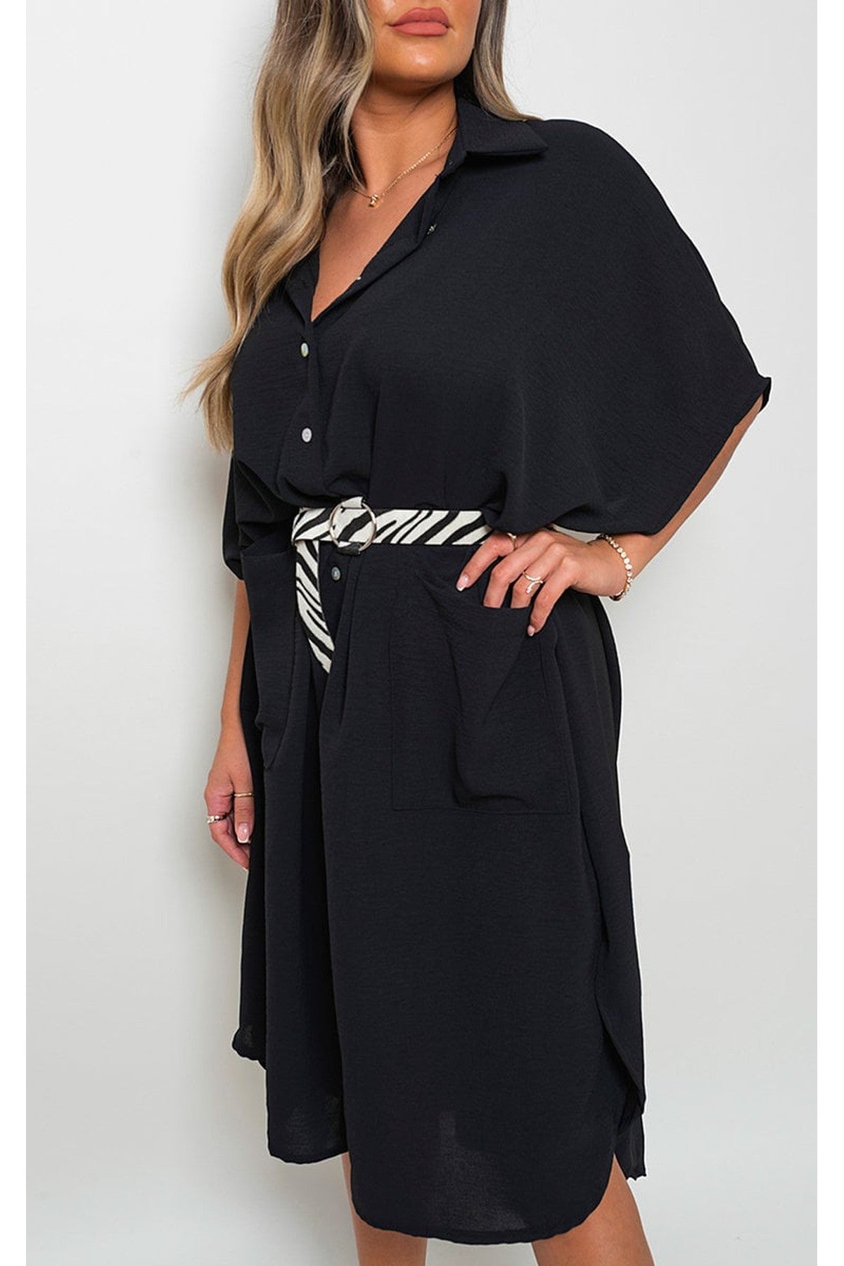 Nancy Button Down Collared Midi Dress With Two Front Pockets - Black