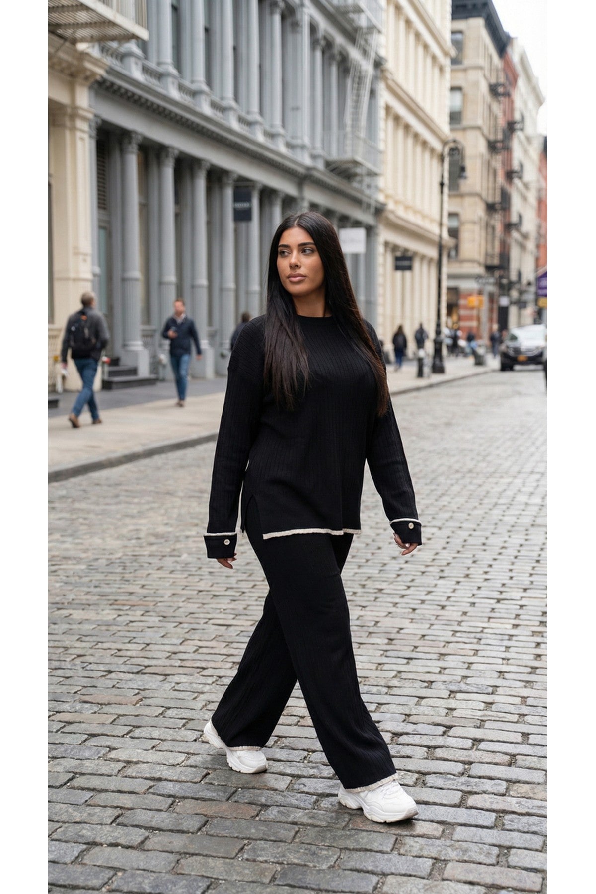Lara Ribbed Contrast Trim Top And Wide Leg Trouser Co-ord Set - Black