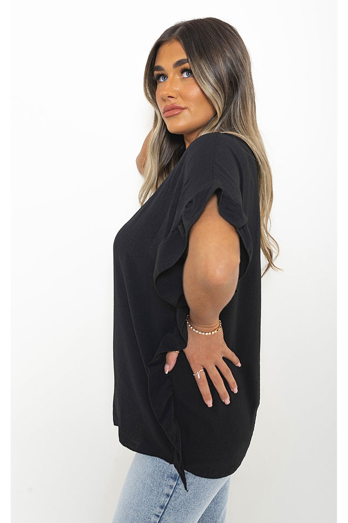 Vienna Frill Sleeve Top With Chain - Black