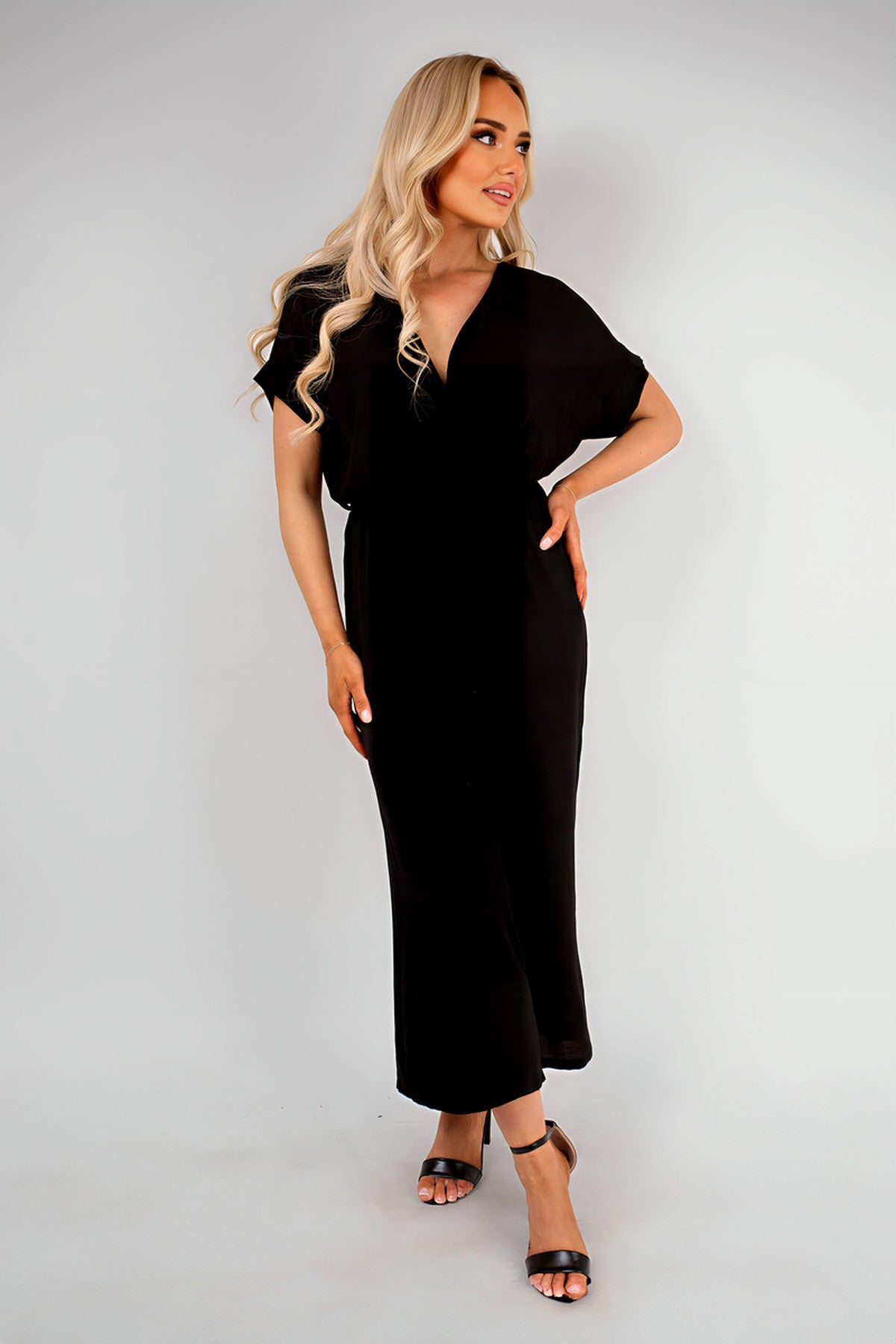 Nerina Wrap Short Sleeve Wide Leg Jumpsuit With Tie Waist - Black