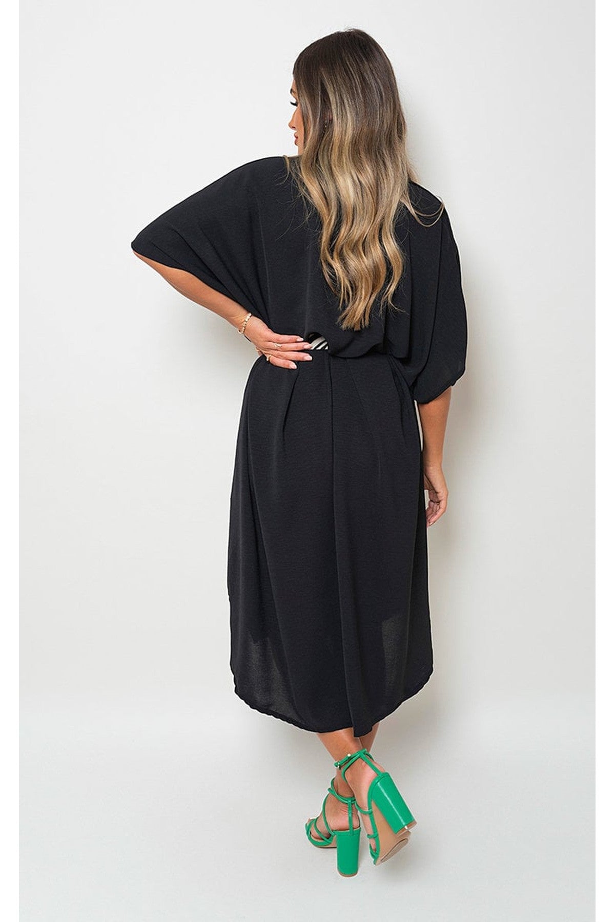 Nancy Button Down Collared Midi Dress With Two Front Pockets - Black