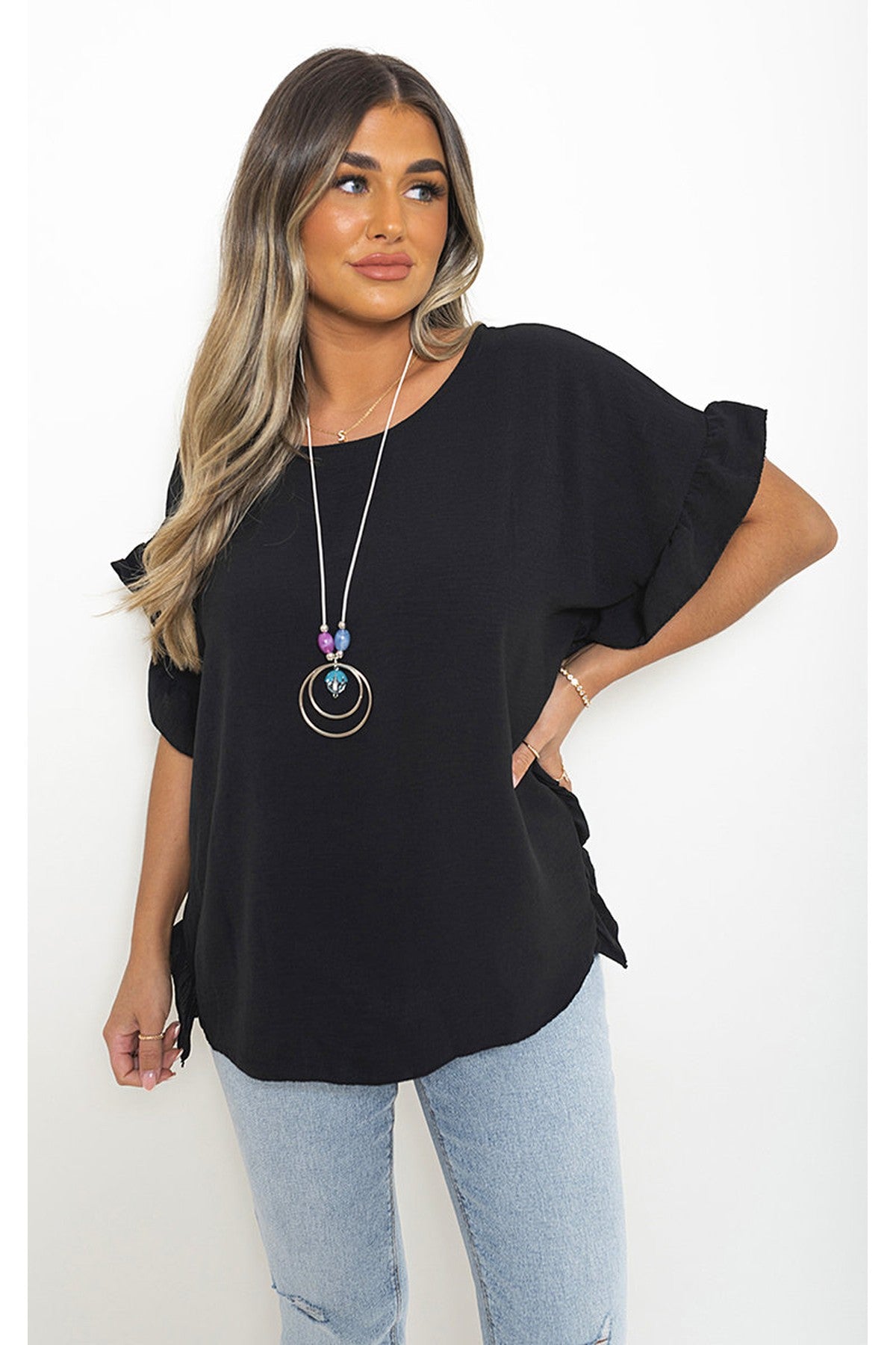 Vienna Frill Sleeve Top With Chain - Black
