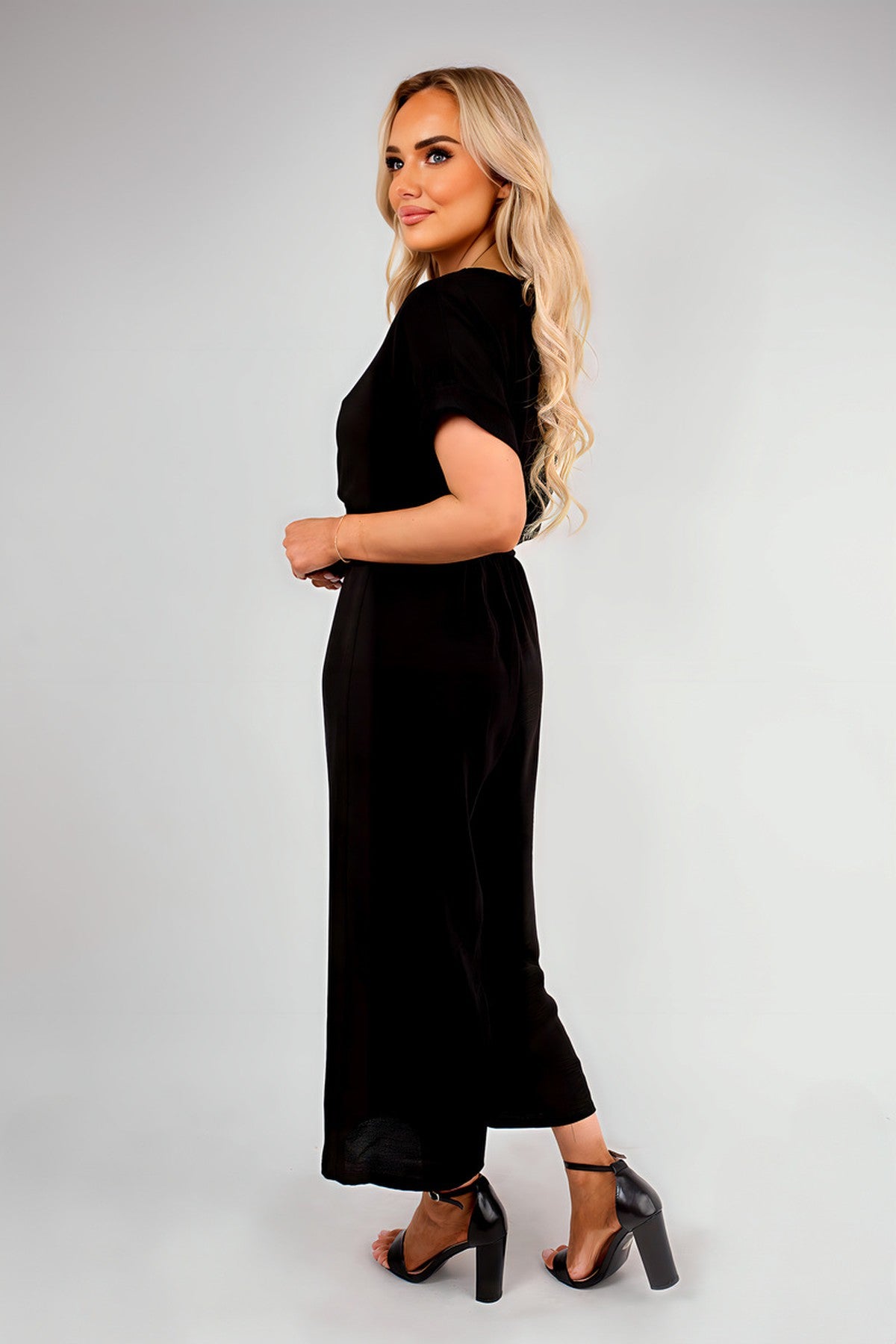 Nerina Wrap Short Sleeve Wide Leg Jumpsuit With Tie Waist - Black