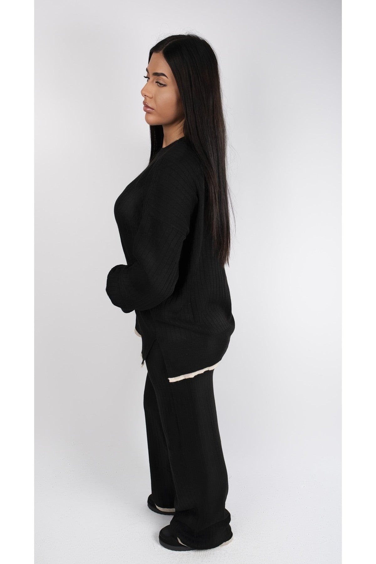 Lara Ribbed Contrast Trim Top And Wide Leg Trouser Co-ord Set - Black