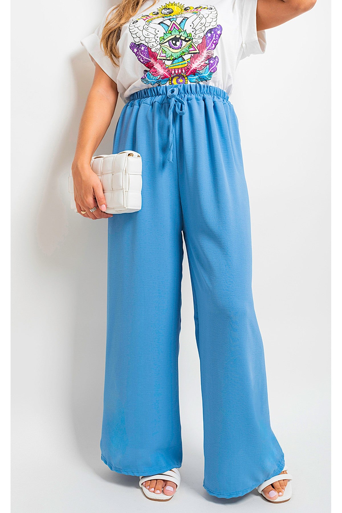 Mollie Drawstring Gathered Waist Wide Leg Trouser - Blue