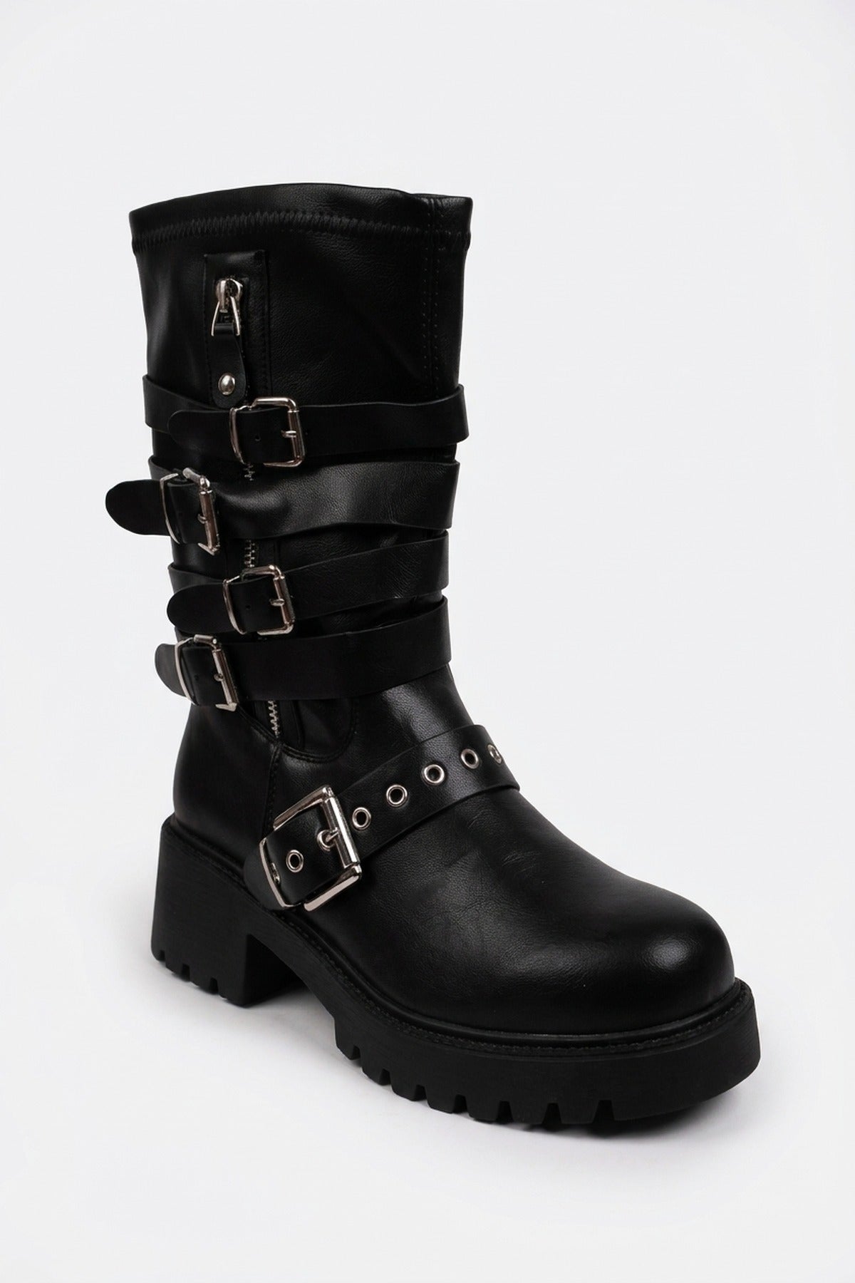 Pearl Faux Leather Multi Buckle Biker Boots - Black