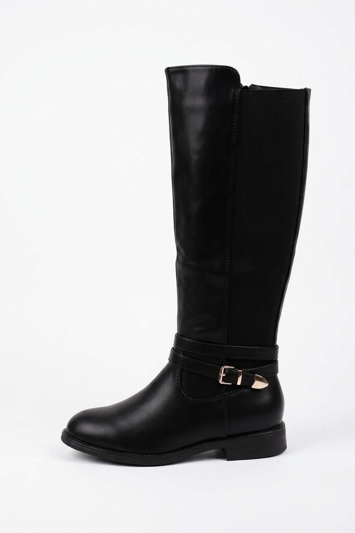 Mirabel Faux Leather Buckle Strap Knee High Riding Boots - Black