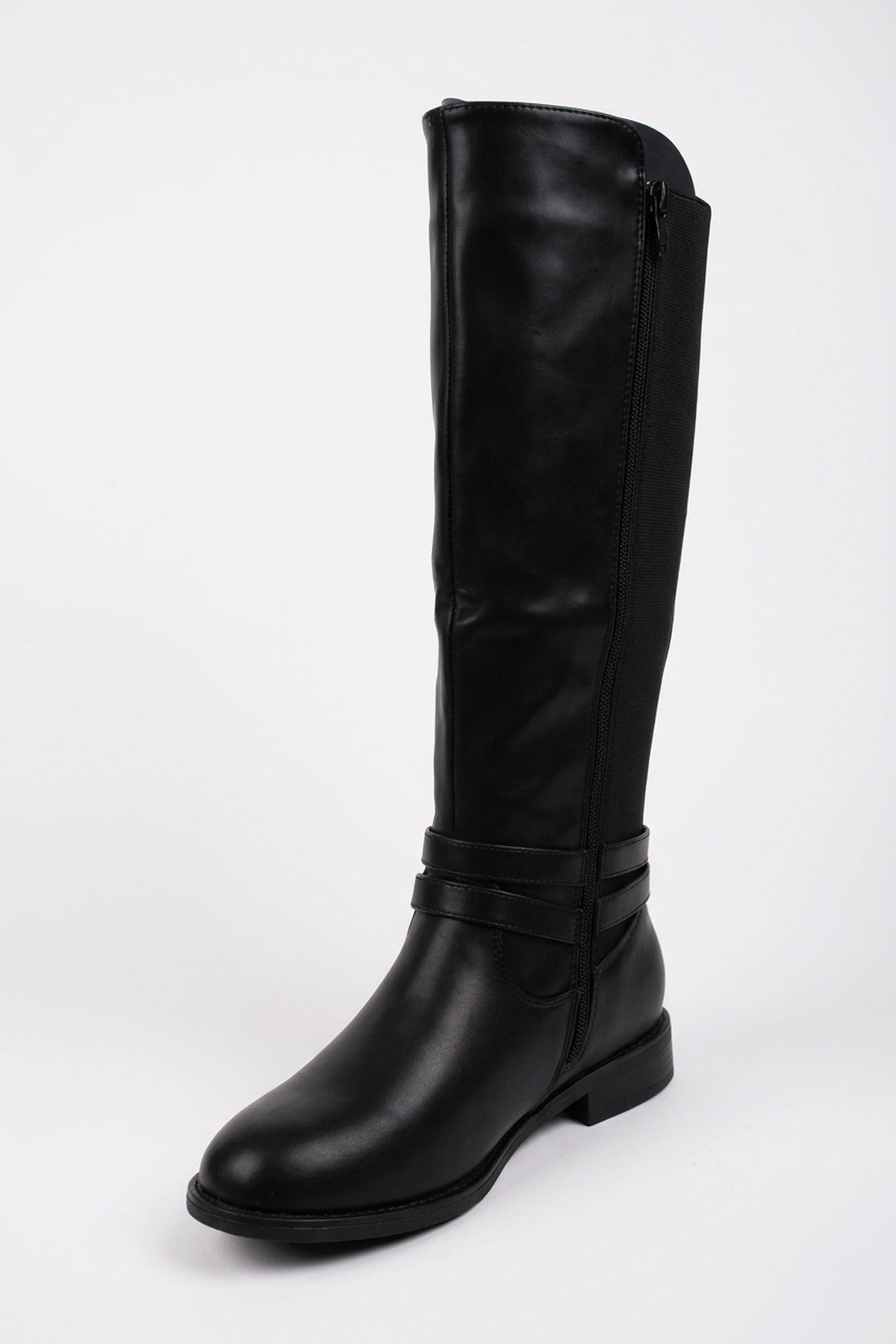 Mirabel Faux Leather Buckle Strap Knee High Riding Boots - Black