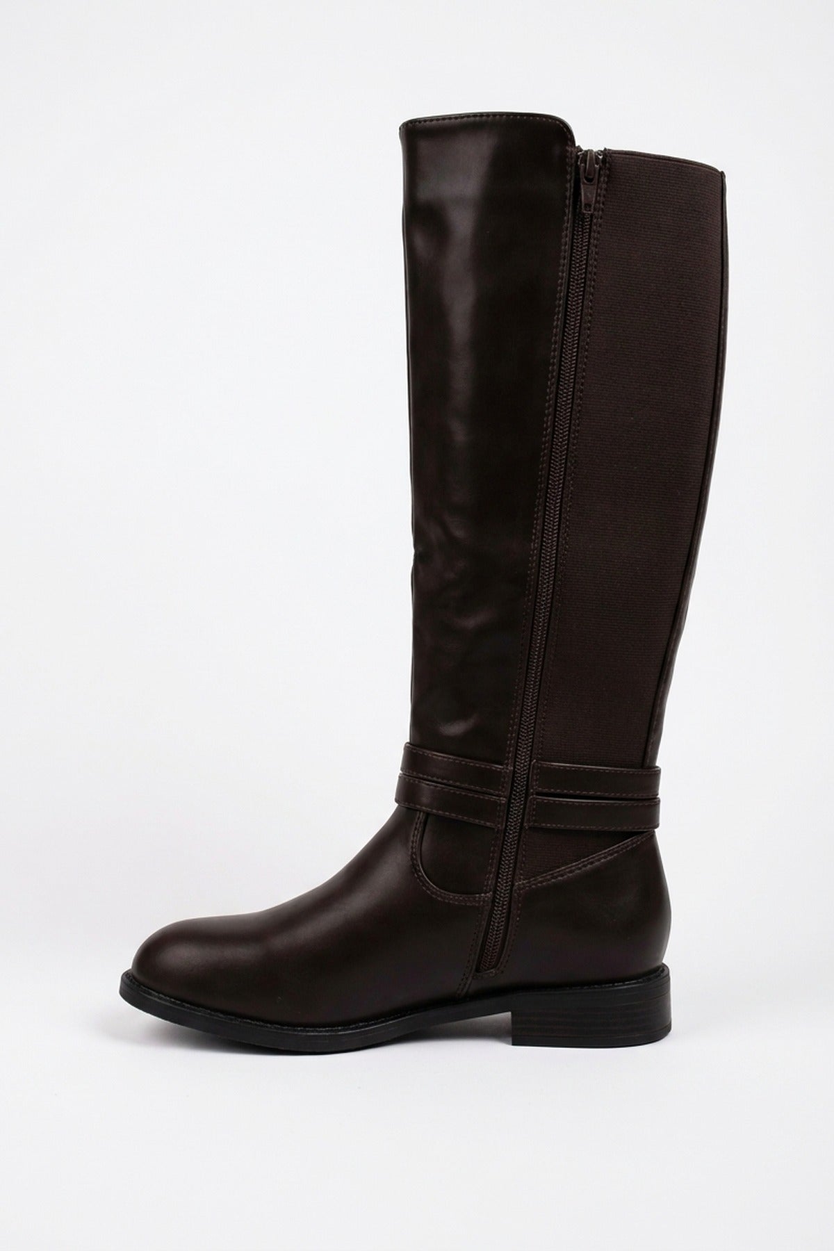 Mirabel Faux Leather Buckle Strap Knee High Riding Boots - Brown