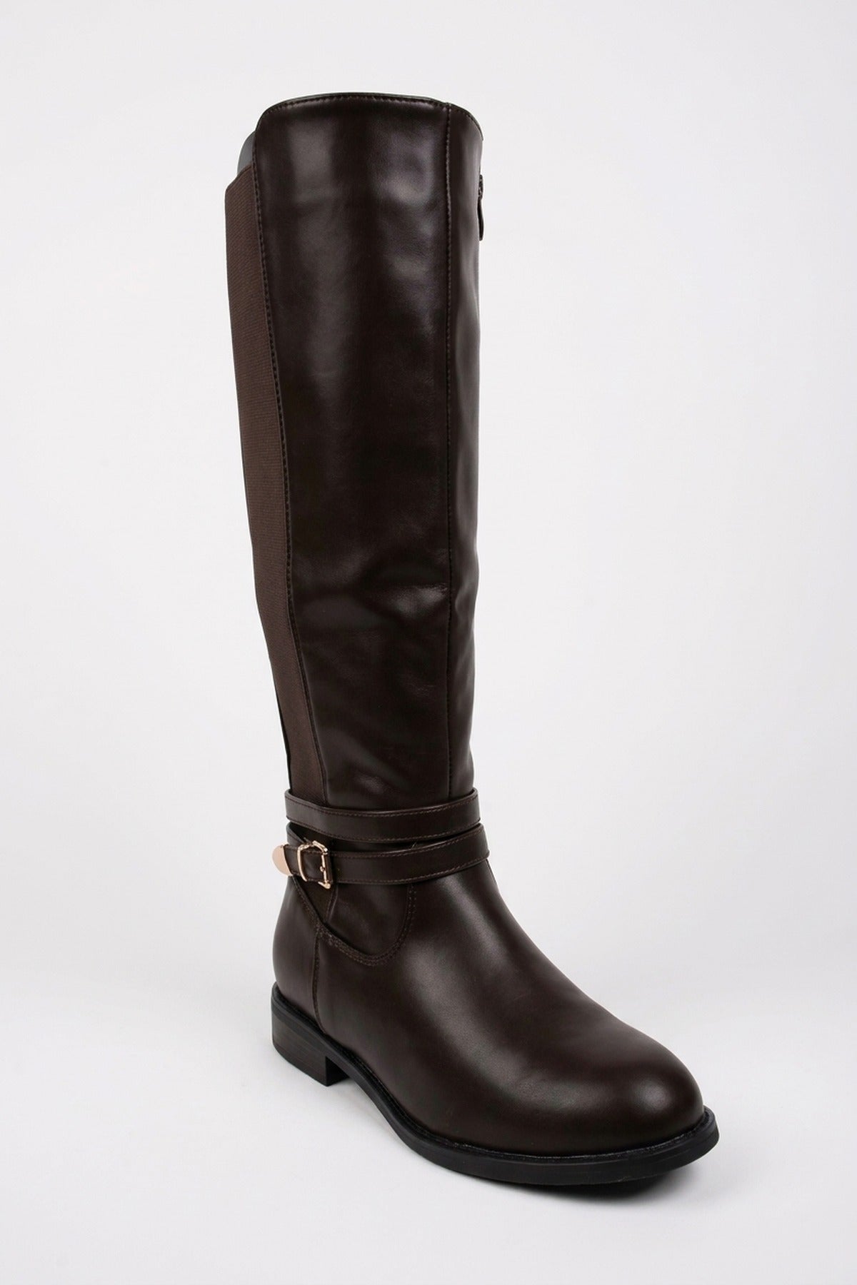 Mirabel Faux Leather Buckle Strap Knee High Riding Boots - Brown