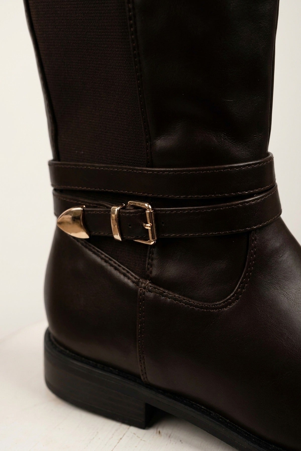 Mirabel Faux Leather Buckle Strap Knee High Riding Boots - Brown