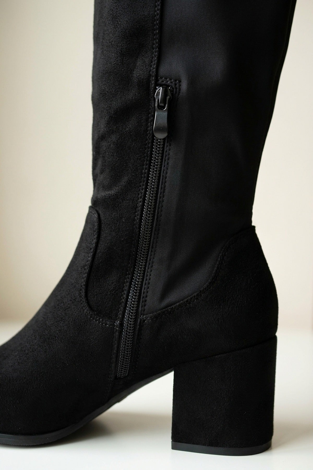 Teagan Faux Suede Over The Knee Block Heel Boots - Black