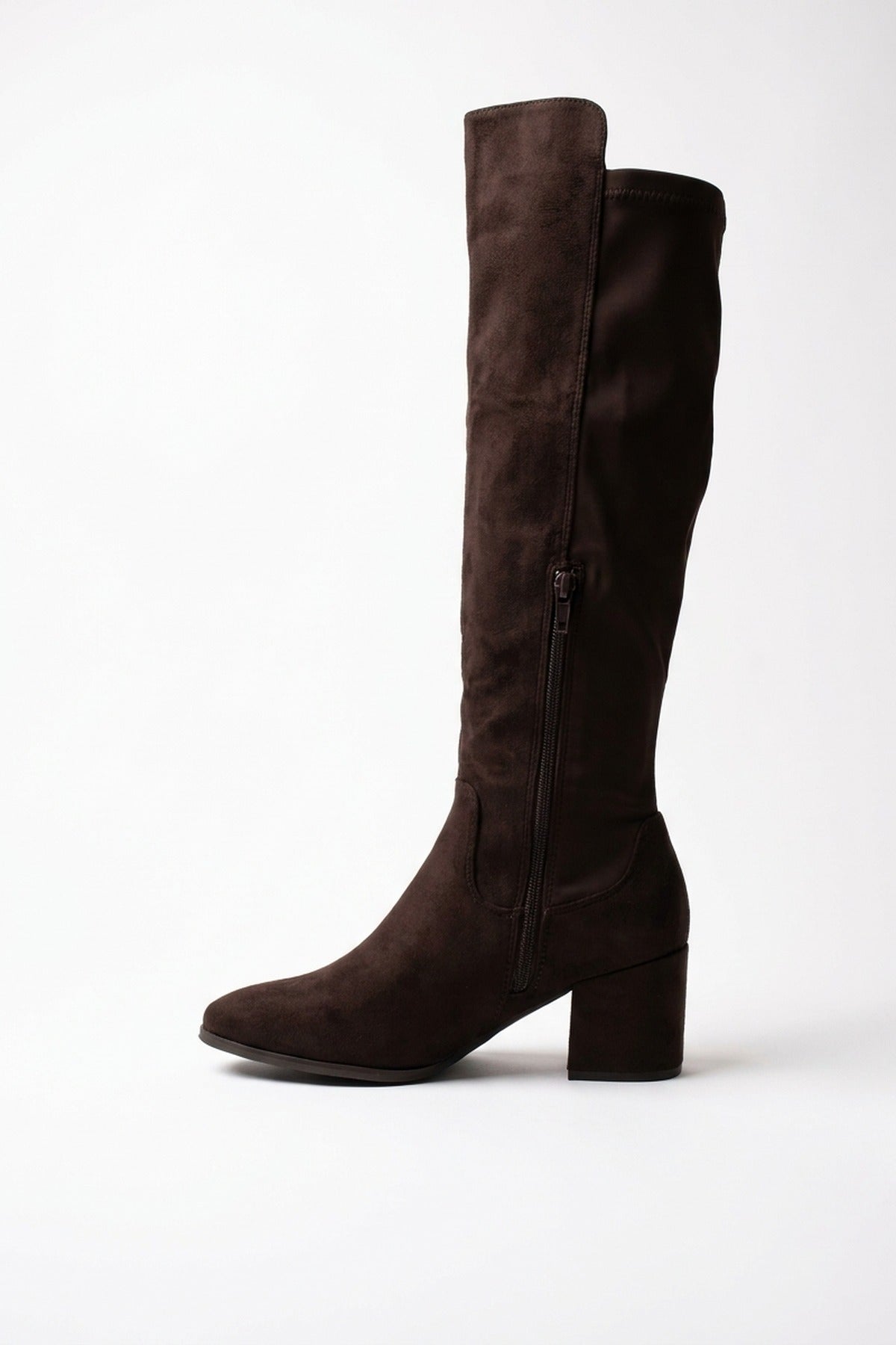 Teagan Faux Suede Over The Knee Block Heel Boots - Brown
