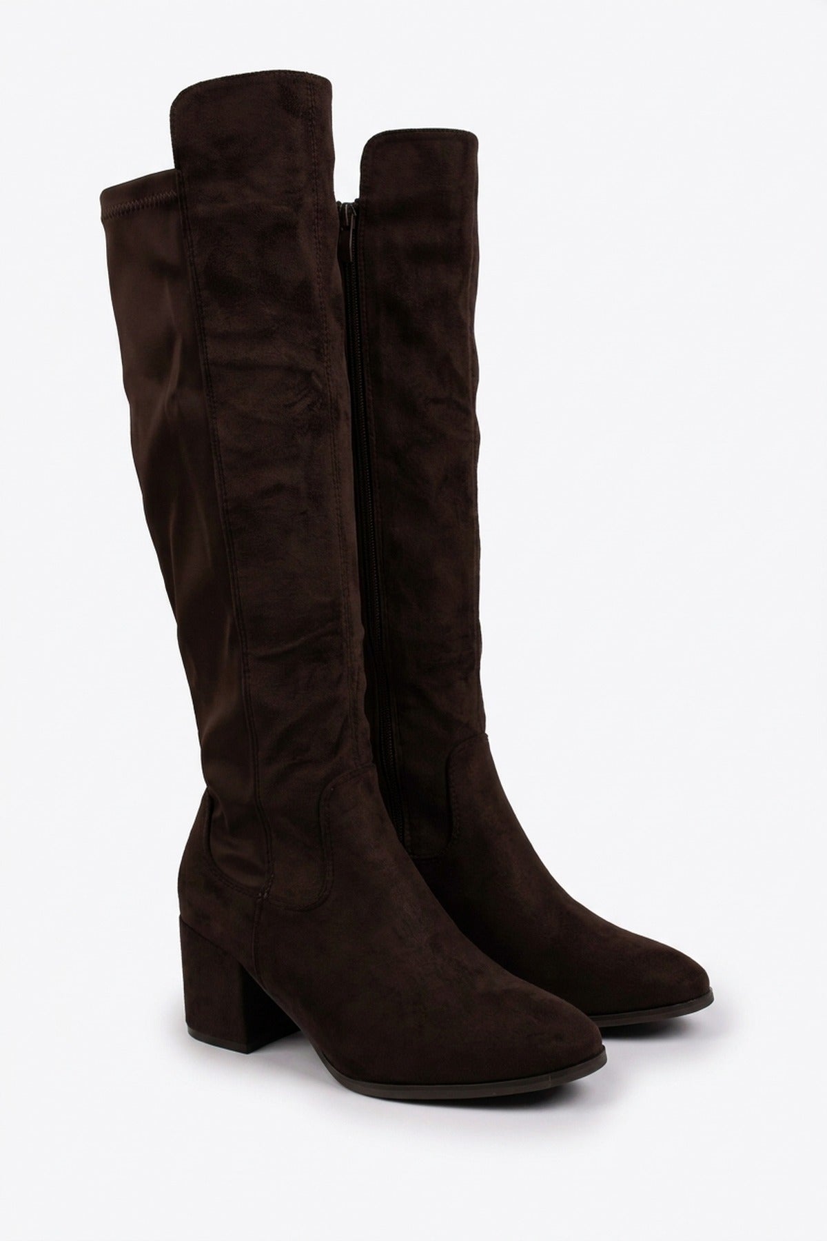 Teagan Faux Suede Over The Knee Block Heel Boots - Brown
