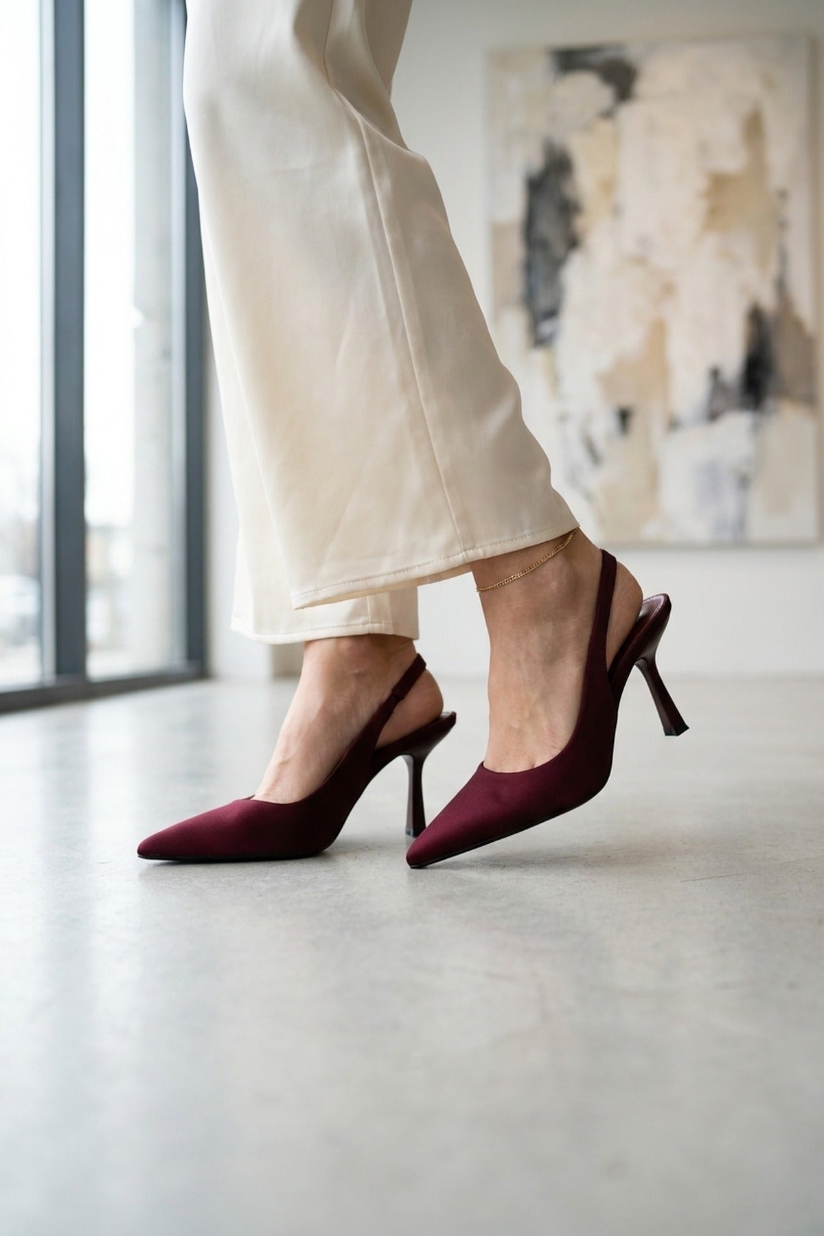 Sloane Satin Pointed Toe Slingback Heels - Bordeaux
