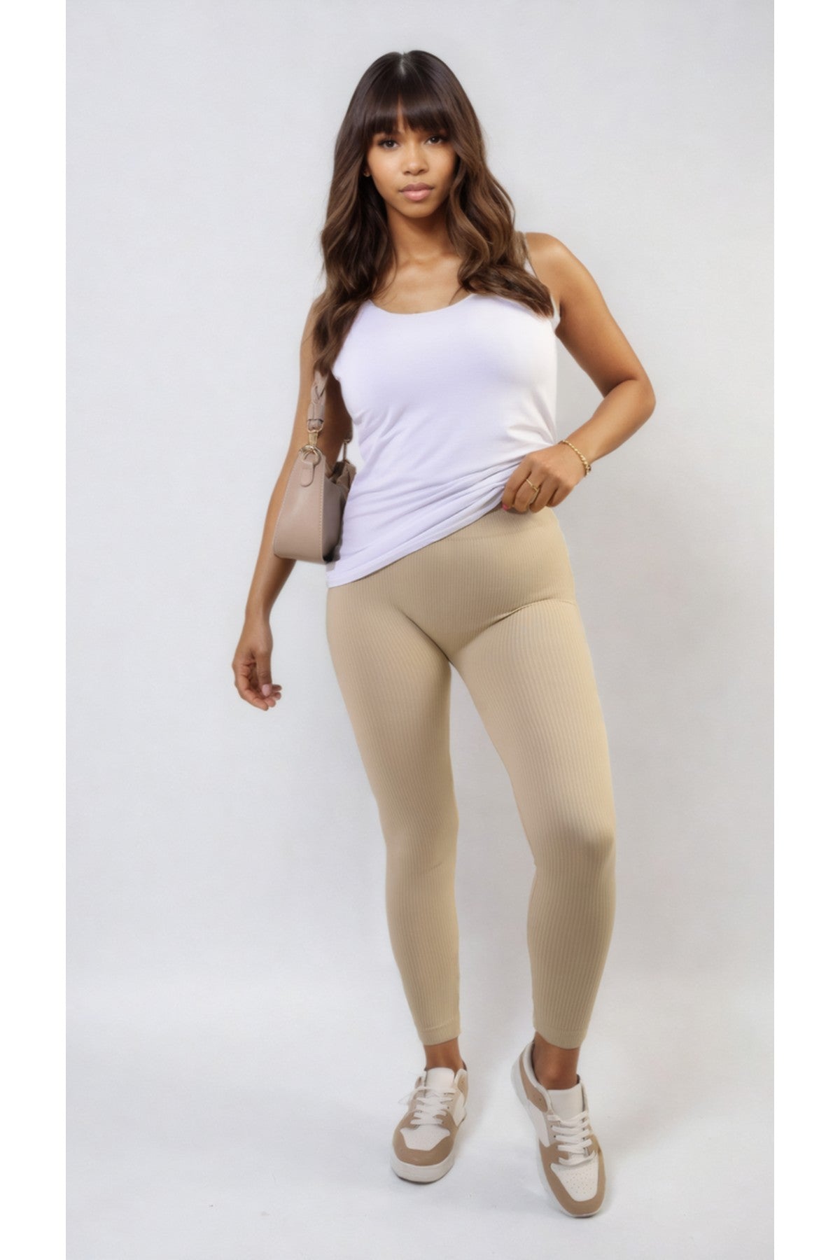 Braylee High Waisted Wide Band Leggings - Biege
