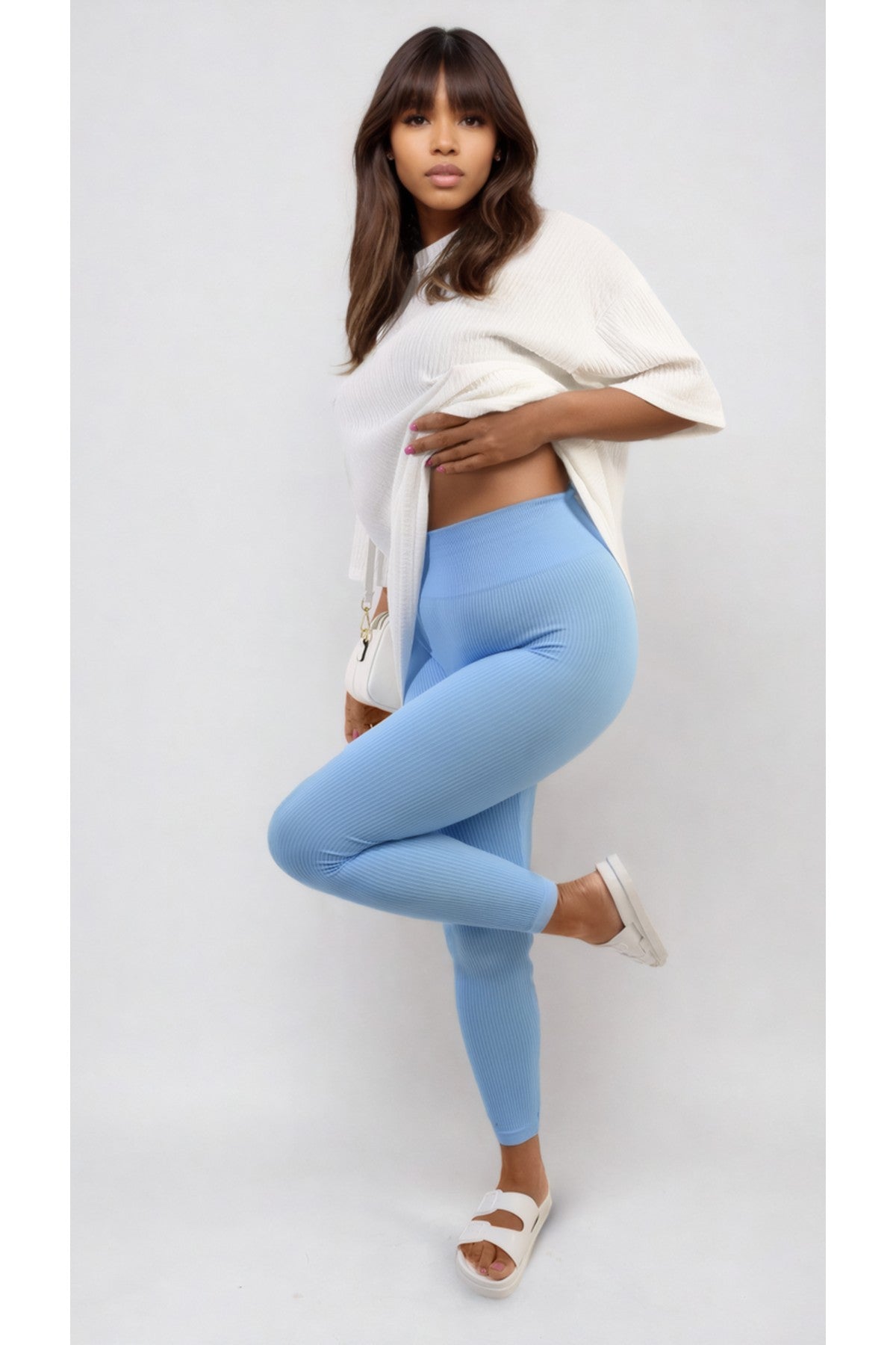 Braylee High Waisted Wide Band Leggings - Light Blue