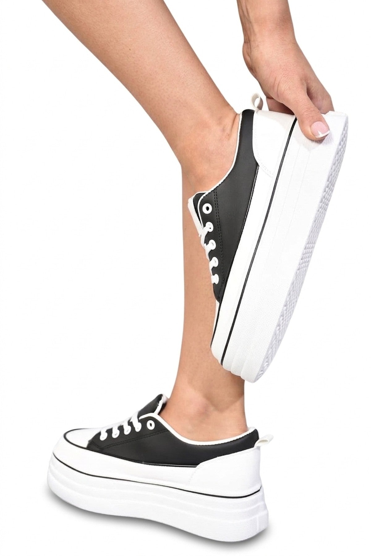 Breanna Platform Wedge Lace Up Trainers - Black_wb