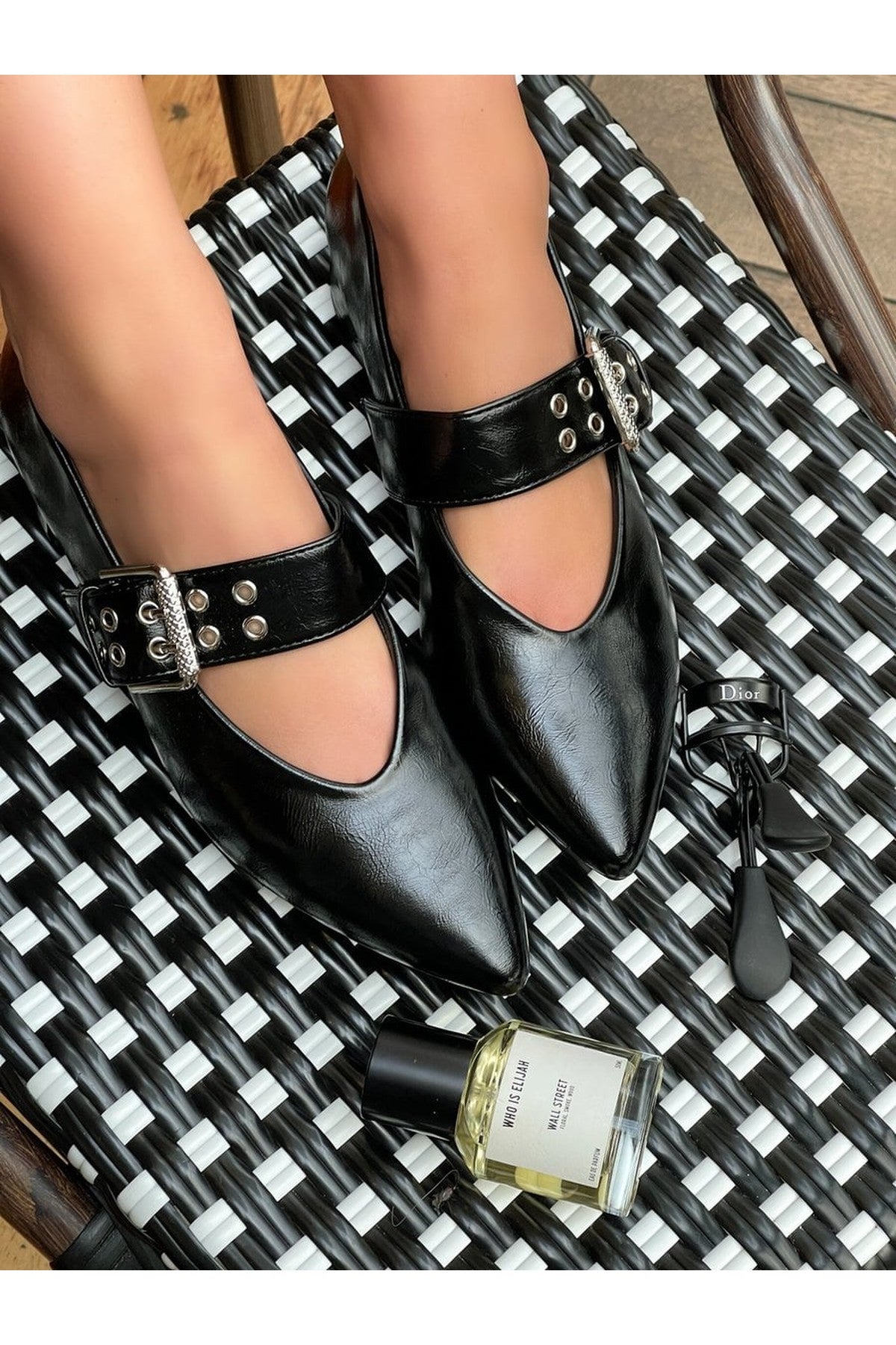 Brenda Low Heel Buckle Eyelet Strap Pointed Flat Shoes - Black