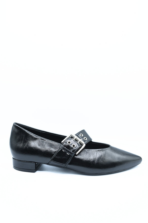 Brenda Low Heel Buckle Eyelet Strap Pointed Flat Shoes - Black