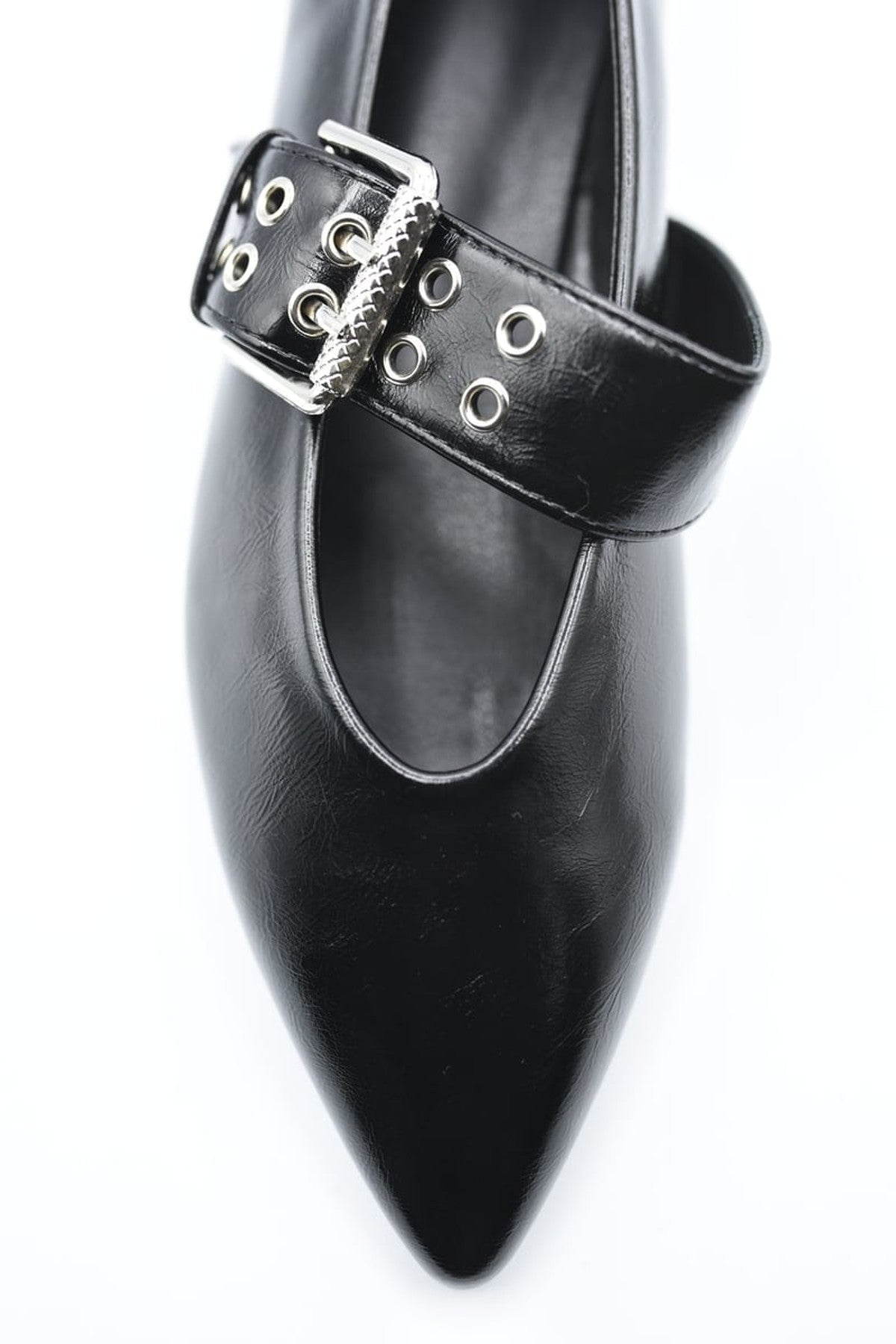 Brenda Low Heel Buckle Eyelet Strap Pointed Flat Shoes - Black