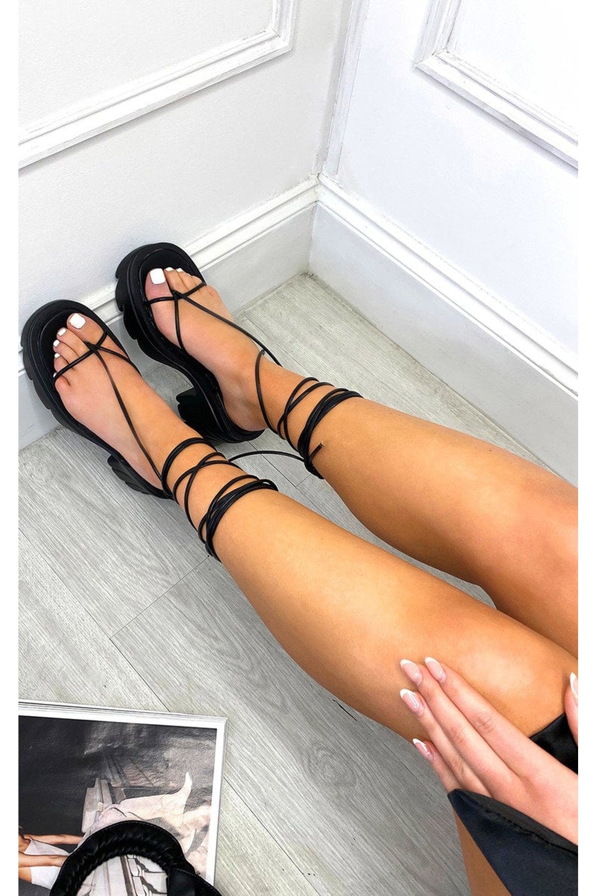 Brogan Faux Leather Lace Up Chunky Sandals - Black