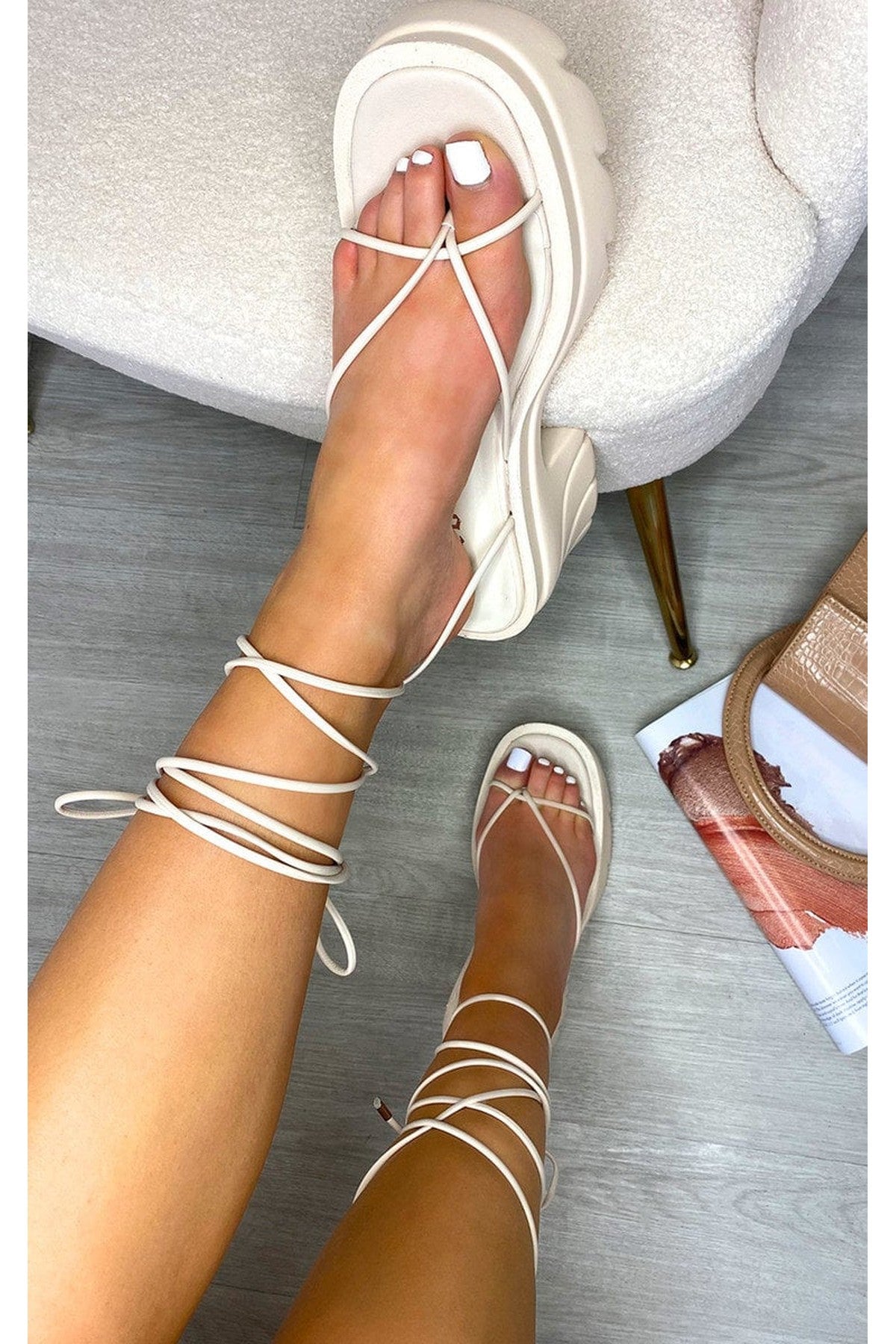 Brogan Faux Leather Lace Up Chunky Sandals - Cream