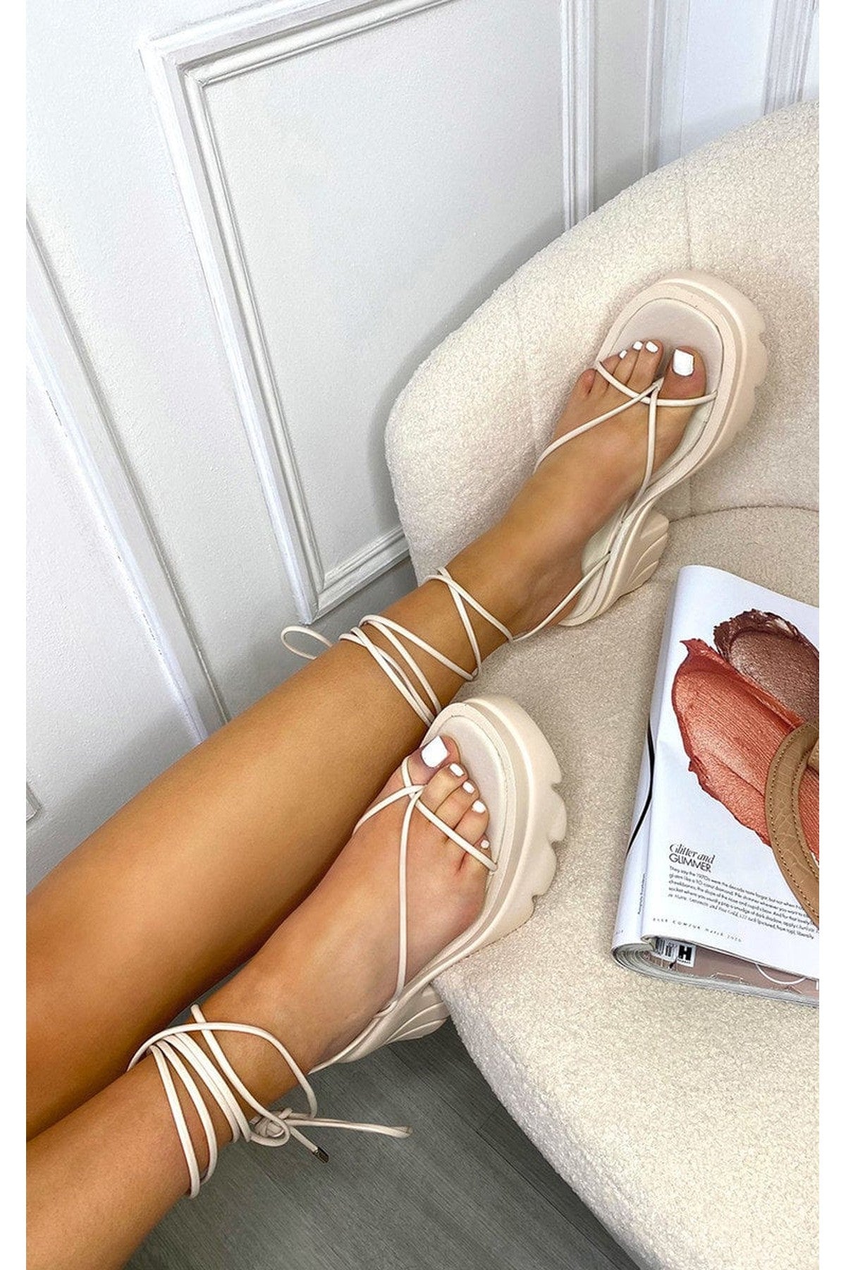 Brogan Faux Leather Lace Up Chunky Sandals - Cream