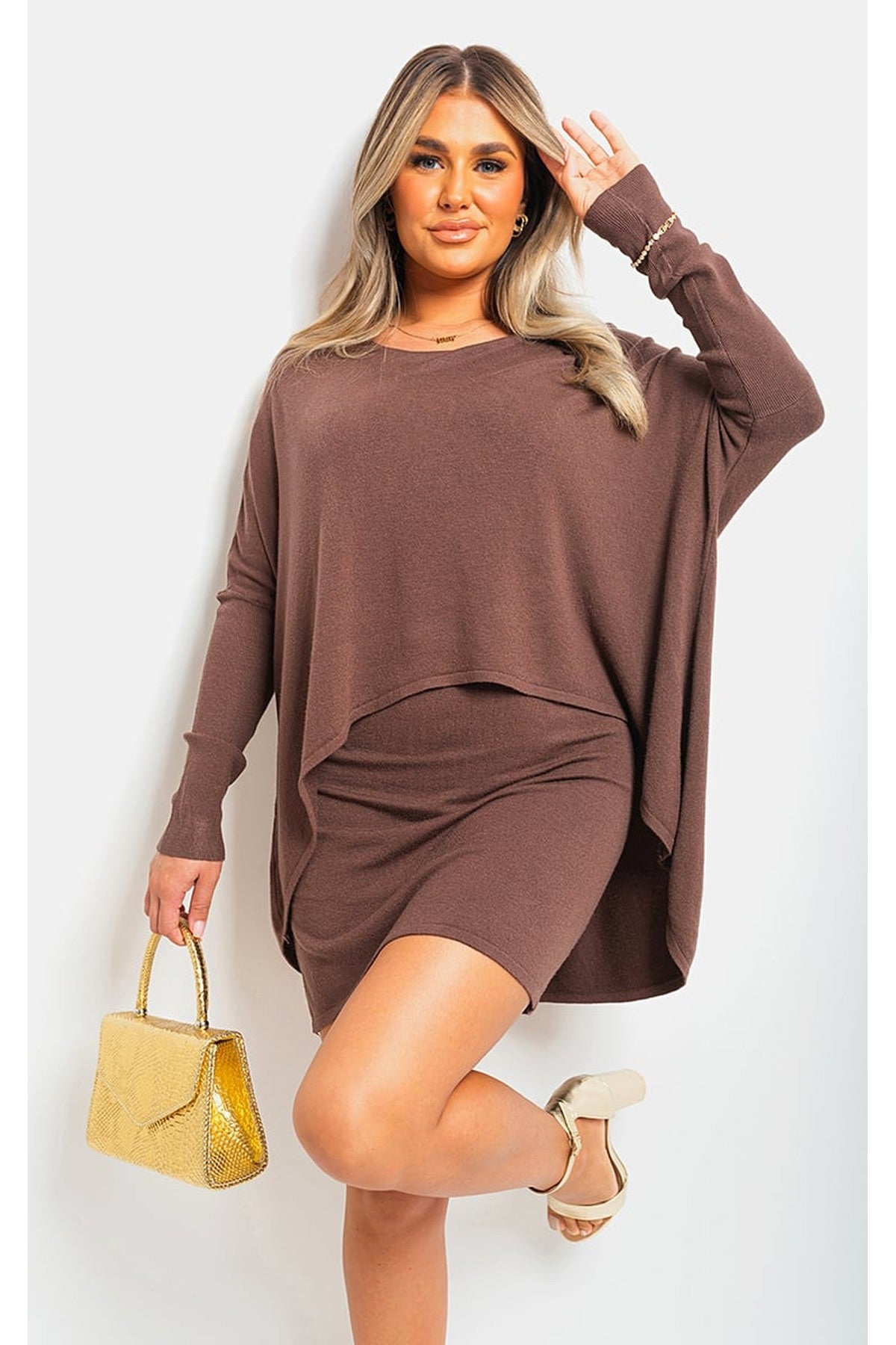 Joanna Oversized Long Sleeve Asymmetric Mini Dress - Brown