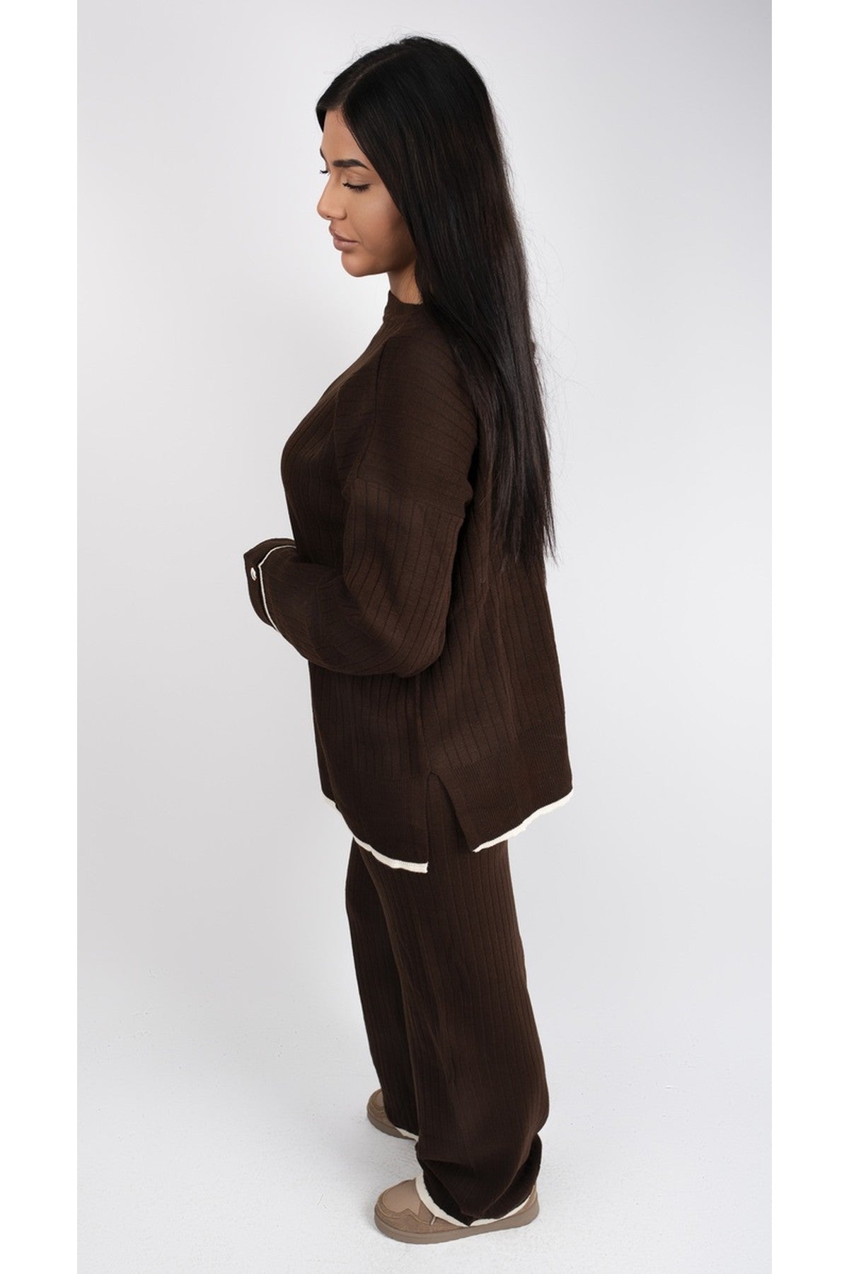 Lara Ribbed Contrast Trim Top And Wide Leg Trouser Co-ord Set - Brown