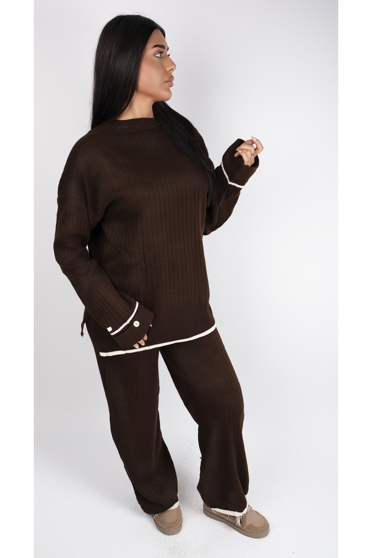 Lara Ribbed Contrast Trim Top And Wide Leg Trouser Co-ord Set - Brown