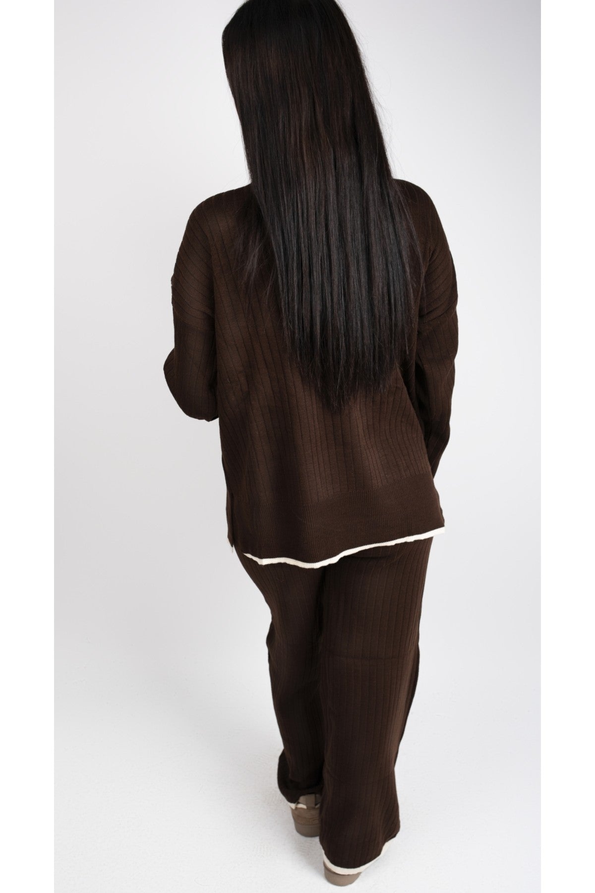 Lara Ribbed Contrast Trim Top And Wide Leg Trouser Co-ord Set - Brown