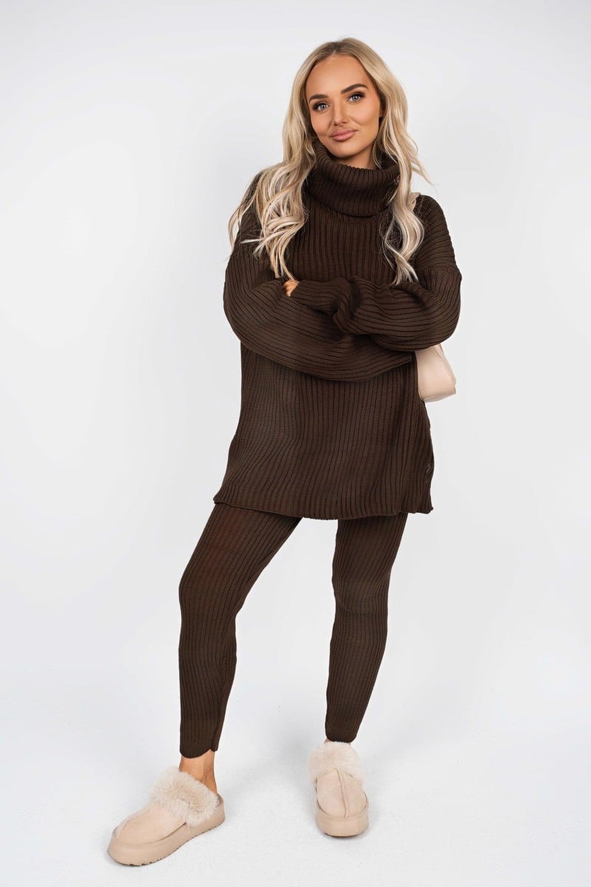Mila Chunky Knitted High Roll Neck Top Bottom Co-ord Set - Brown