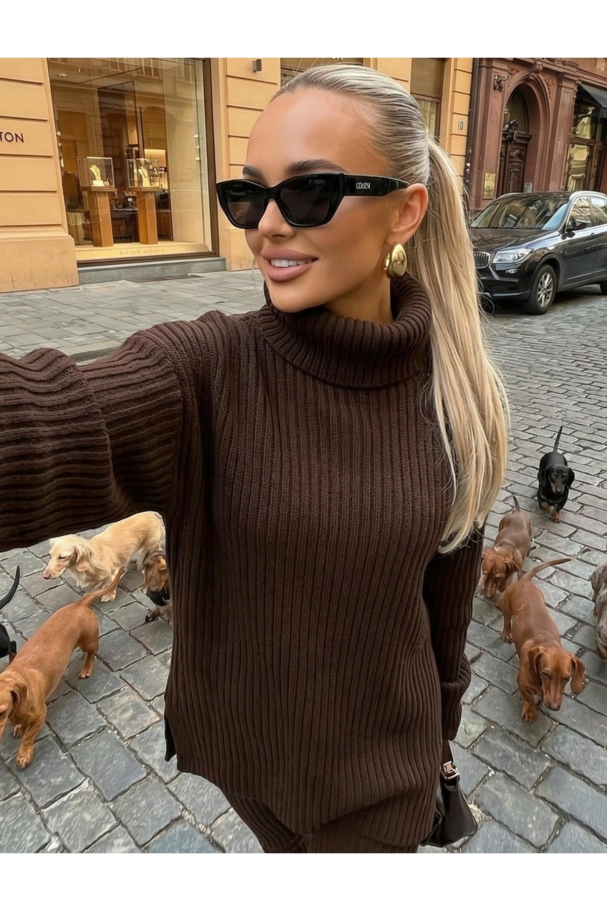 Mila Chunky Knitted High Roll Neck Top Bottom Co-ord Set - Brown