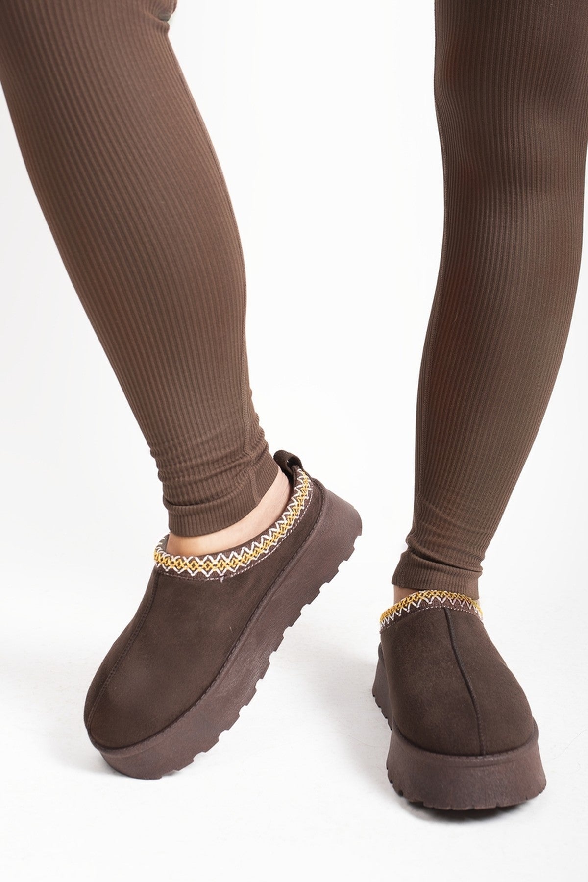 Jolene Aztec Detail Low Ankle Platform Slipper Boots - Brown