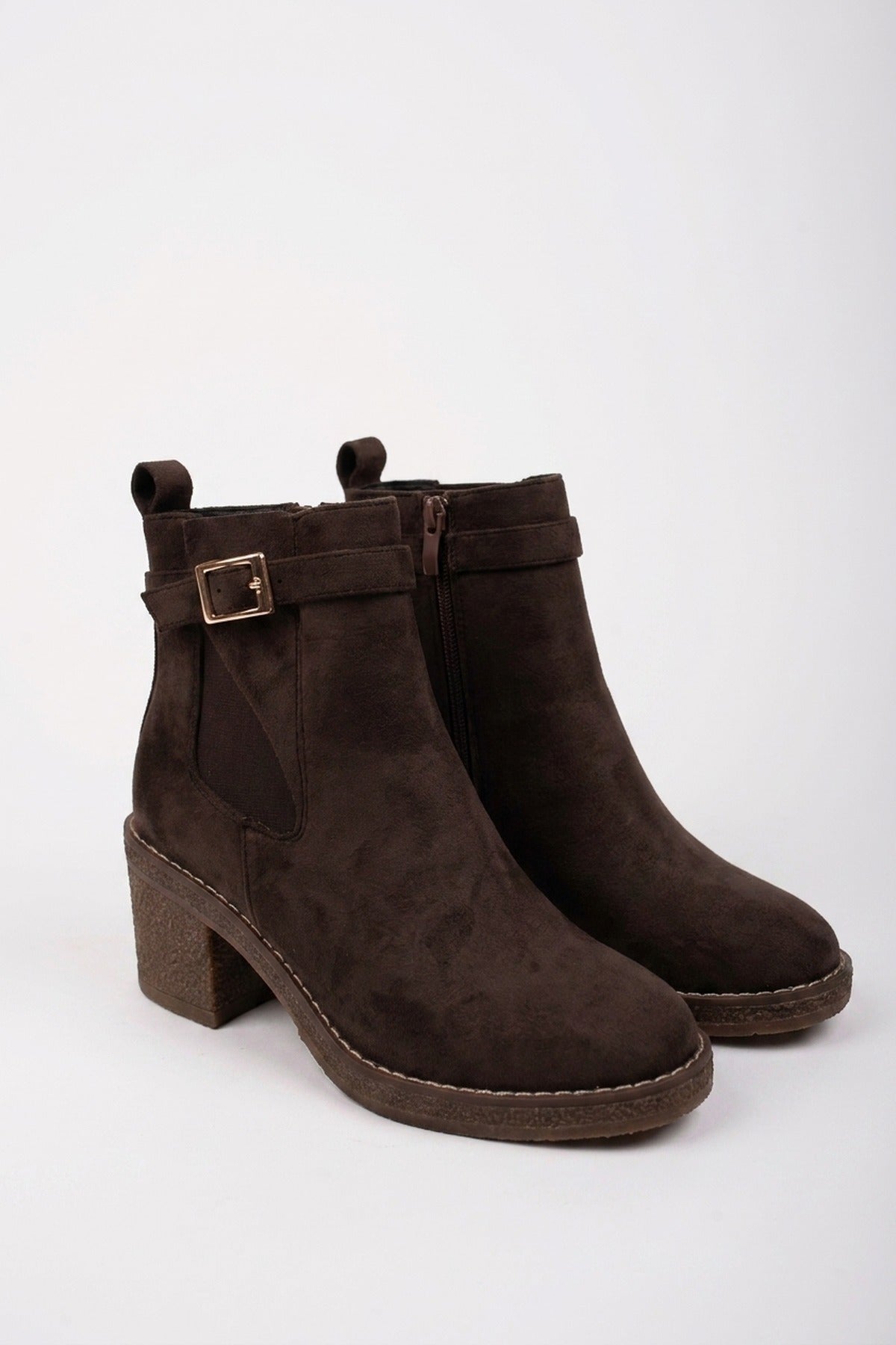 Saoirse Faux Suede Block Heel Boots - Brown
